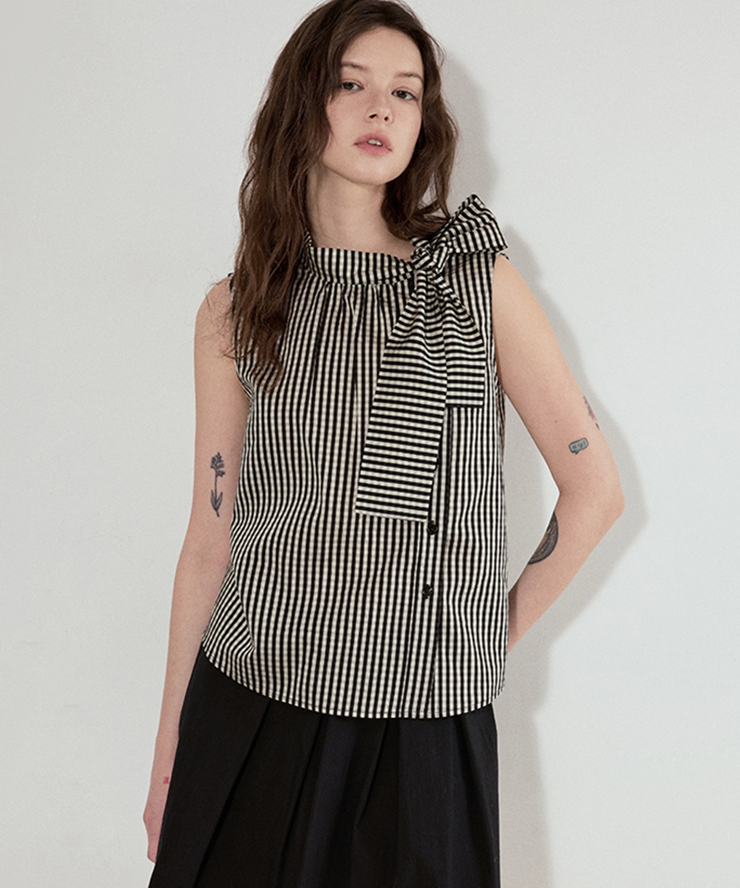 チェック柄 リボンタイ ノースリーブブラウス FX25S109【Fano Studios