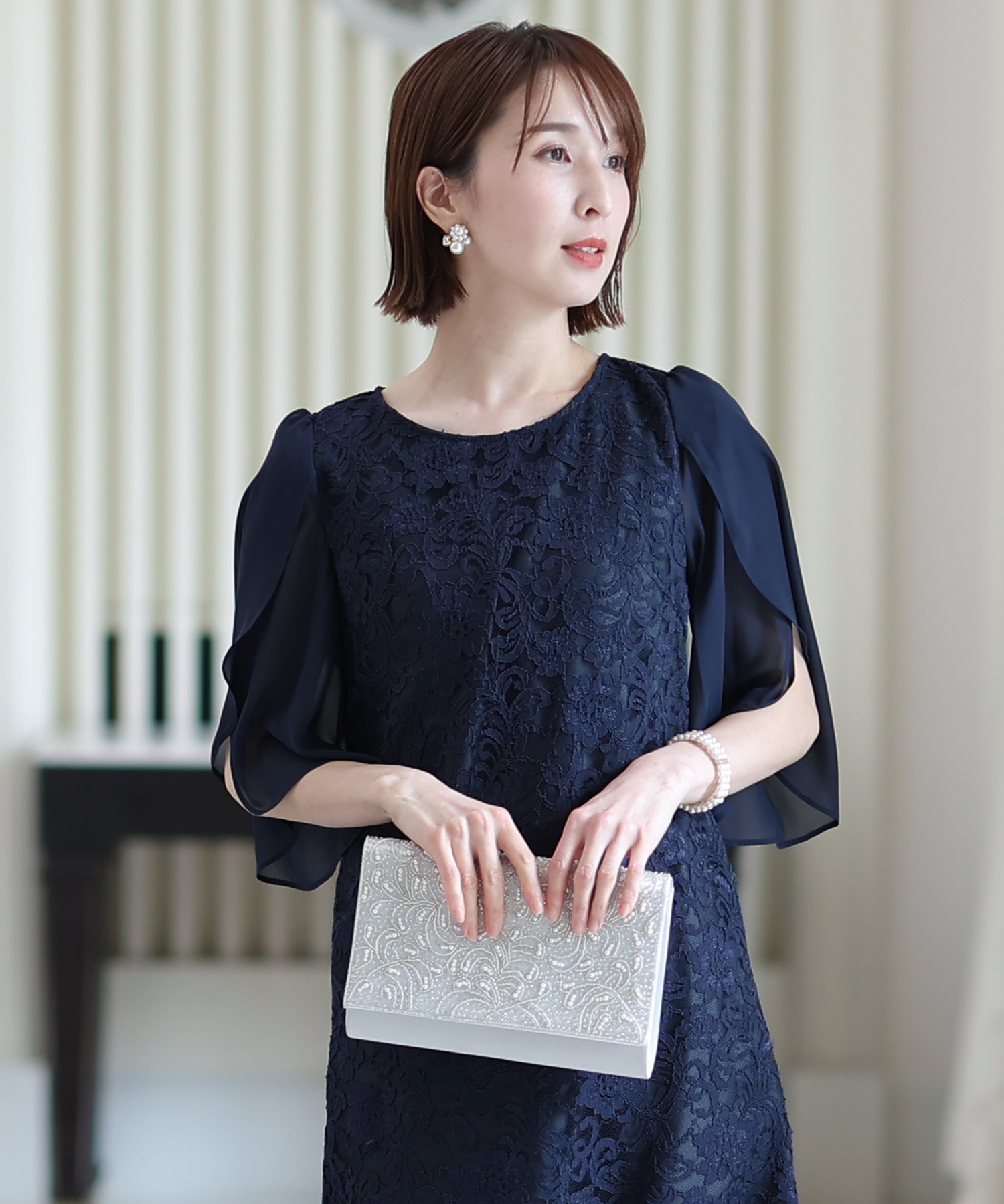 スリーブレースワンピースドレス大きいサイズミニ丈&七分袖結婚式フォーマルオケージョンドレスお呼ばれ 二次会 成人式