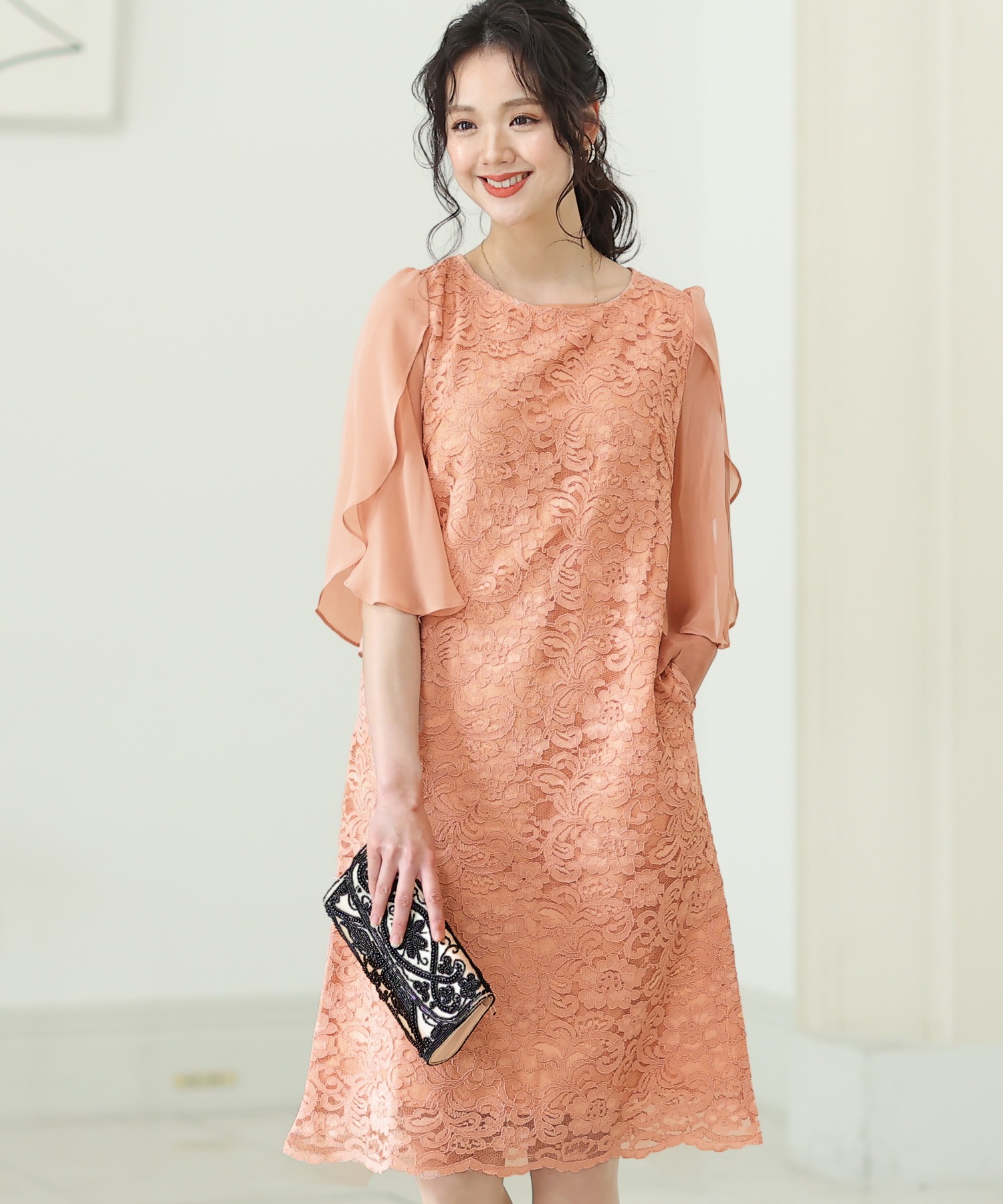 スリーブレースワンピースドレス大きいサイズミニ丈&七分袖結婚式フォーマルオケージョンドレスお呼ばれ 二次会 成人式