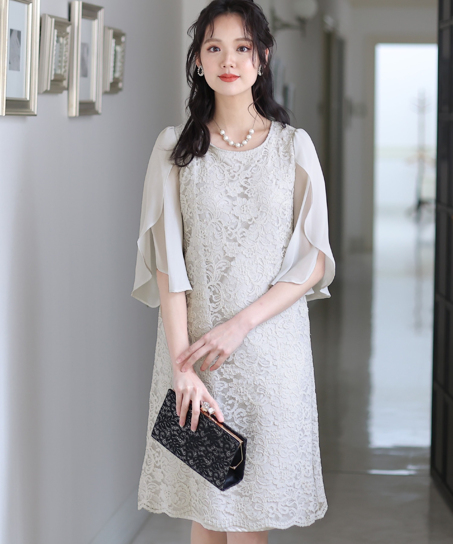 スリーブレースワンピースドレス大きいサイズミニ丈&七分袖結婚式フォーマルオケージョンドレスお呼ばれ 二次会 成人式