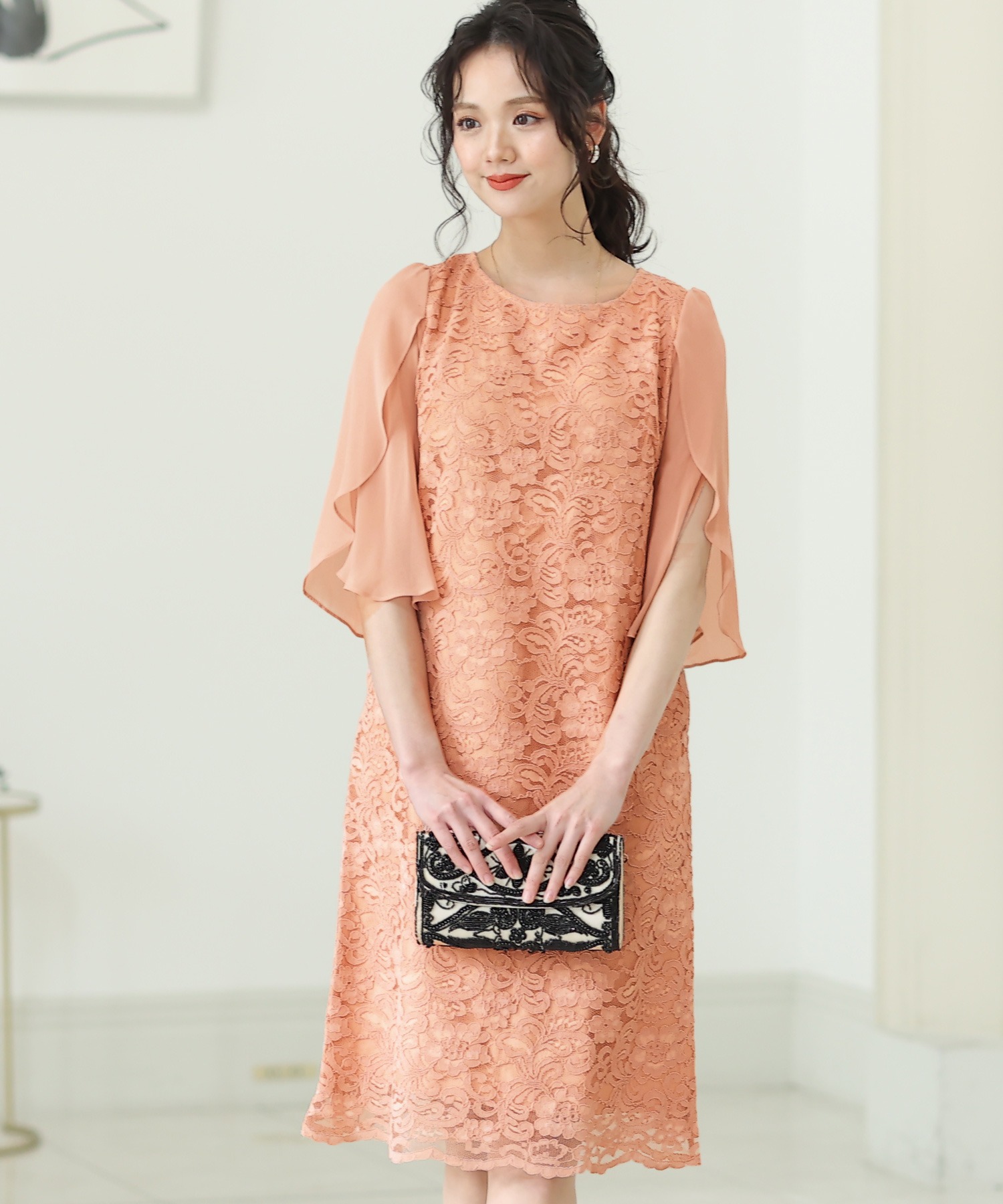 スリーブレースワンピースドレス大きいサイズミニ丈&七分袖結婚式フォーマルオケージョンドレスお呼ばれ 二次会 成人式