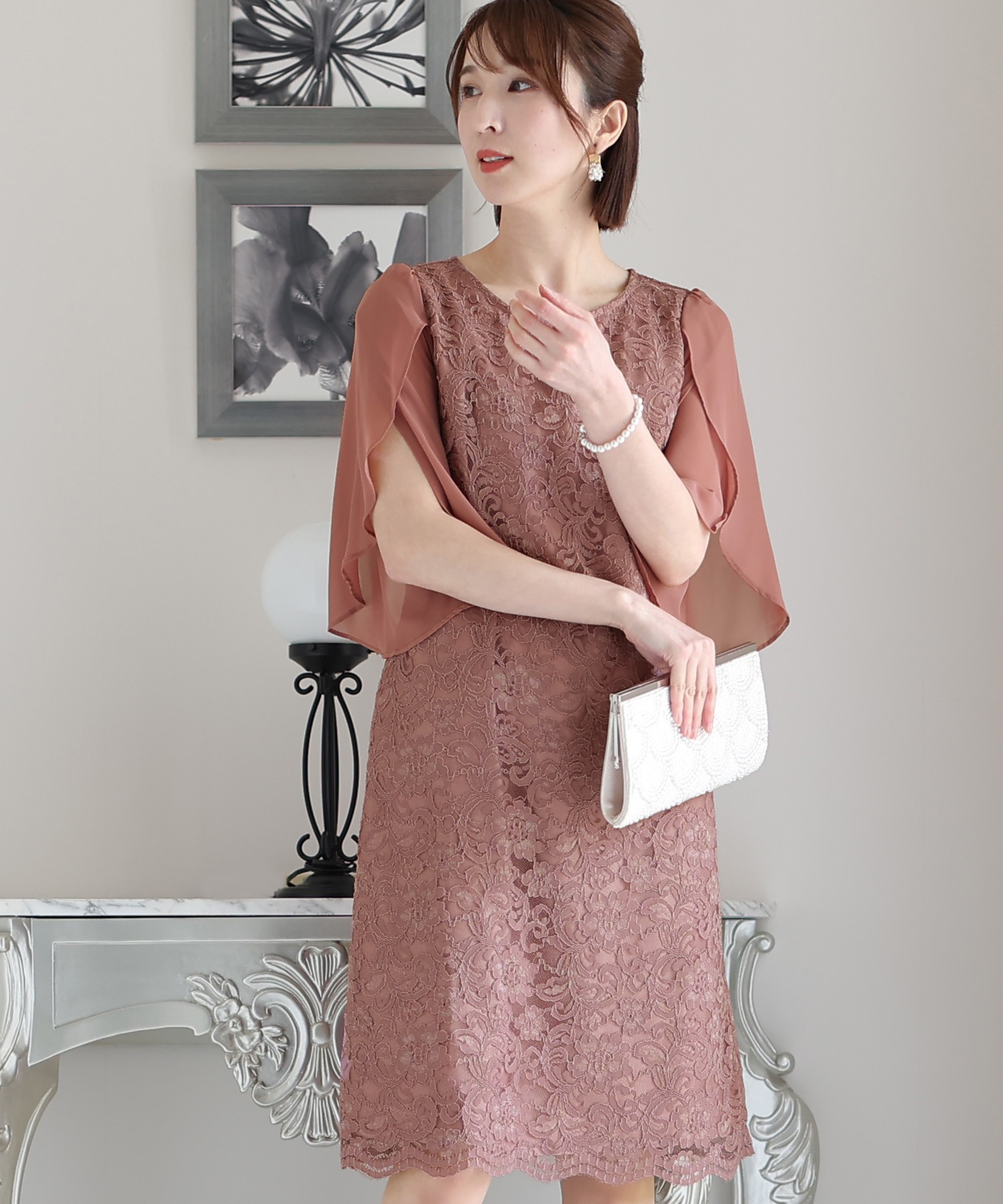 スリーブレースワンピースドレス大きいサイズミニ丈&七分袖結婚式フォーマルオケージョンドレスお呼ばれ 二次会 成人式