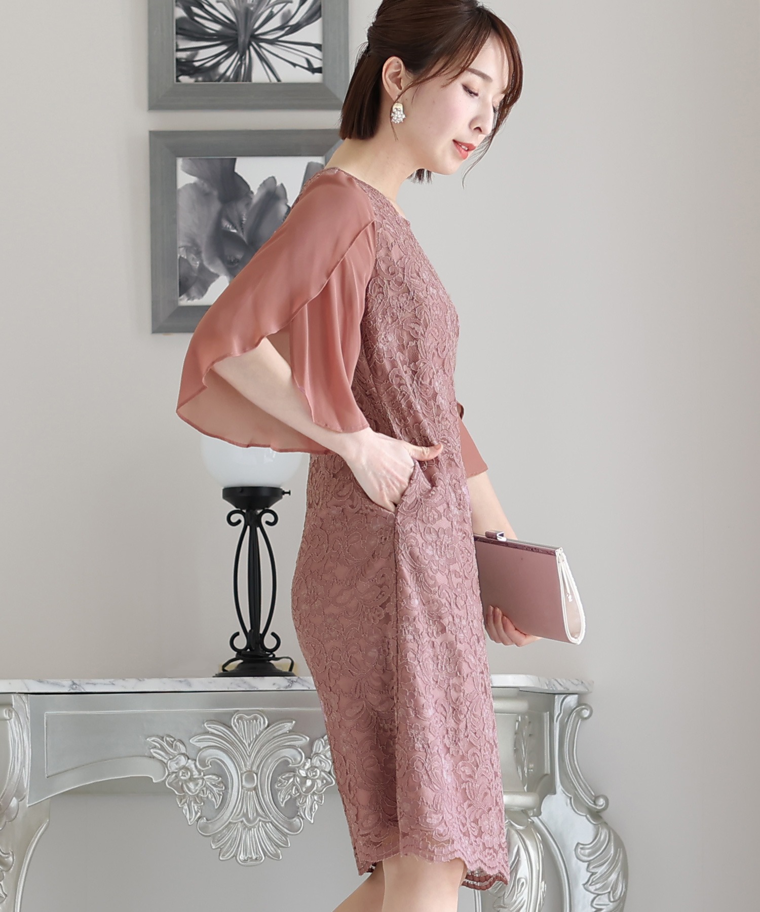 スリーブレースワンピースドレス大きいサイズミニ丈&七分袖結婚式フォーマルオケージョンドレスお呼ばれ 二次会 成人式