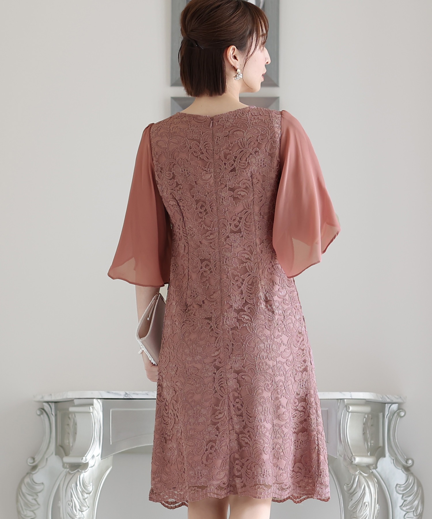スリーブレースワンピースドレス大きいサイズミニ丈&七分袖結婚式フォーマルオケージョンドレスお呼ばれ 二次会 成人式