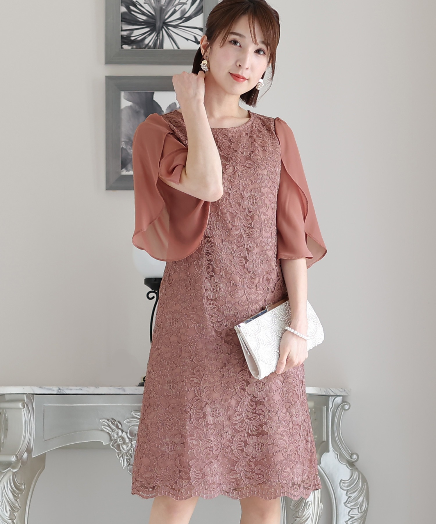 スリーブレースワンピースドレス大きいサイズミニ丈&七分袖結婚式フォーマルオケージョンドレスお呼ばれ 二次会 成人式