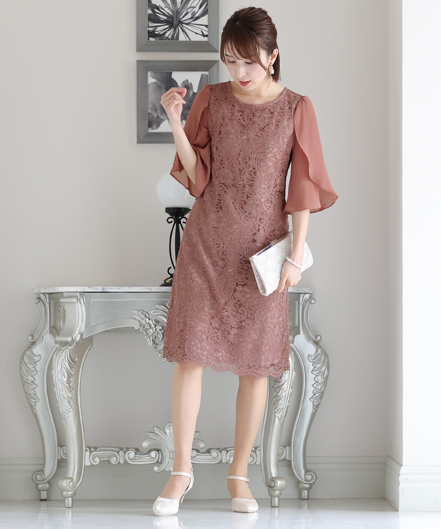 スリーブレースワンピースドレス大きいサイズミニ丈&七分袖結婚式フォーマルオケージョンドレスお呼ばれ 二次会 成人式