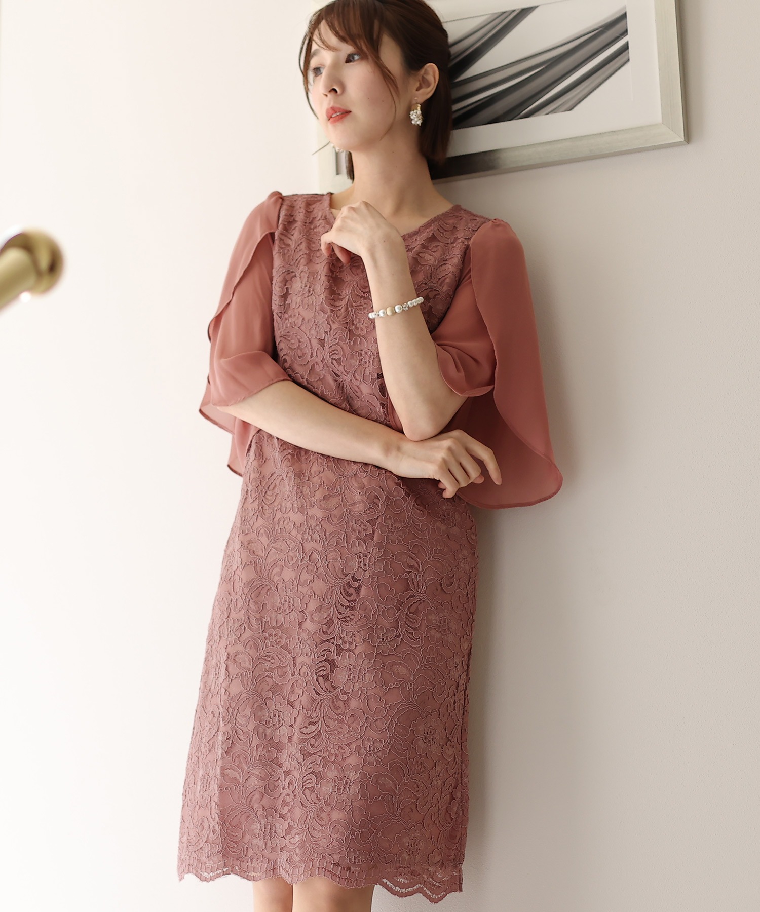 スリーブレースワンピースドレス大きいサイズミニ丈&七分袖結婚式フォーマルオケージョンドレスお呼ばれ 二次会 成人式