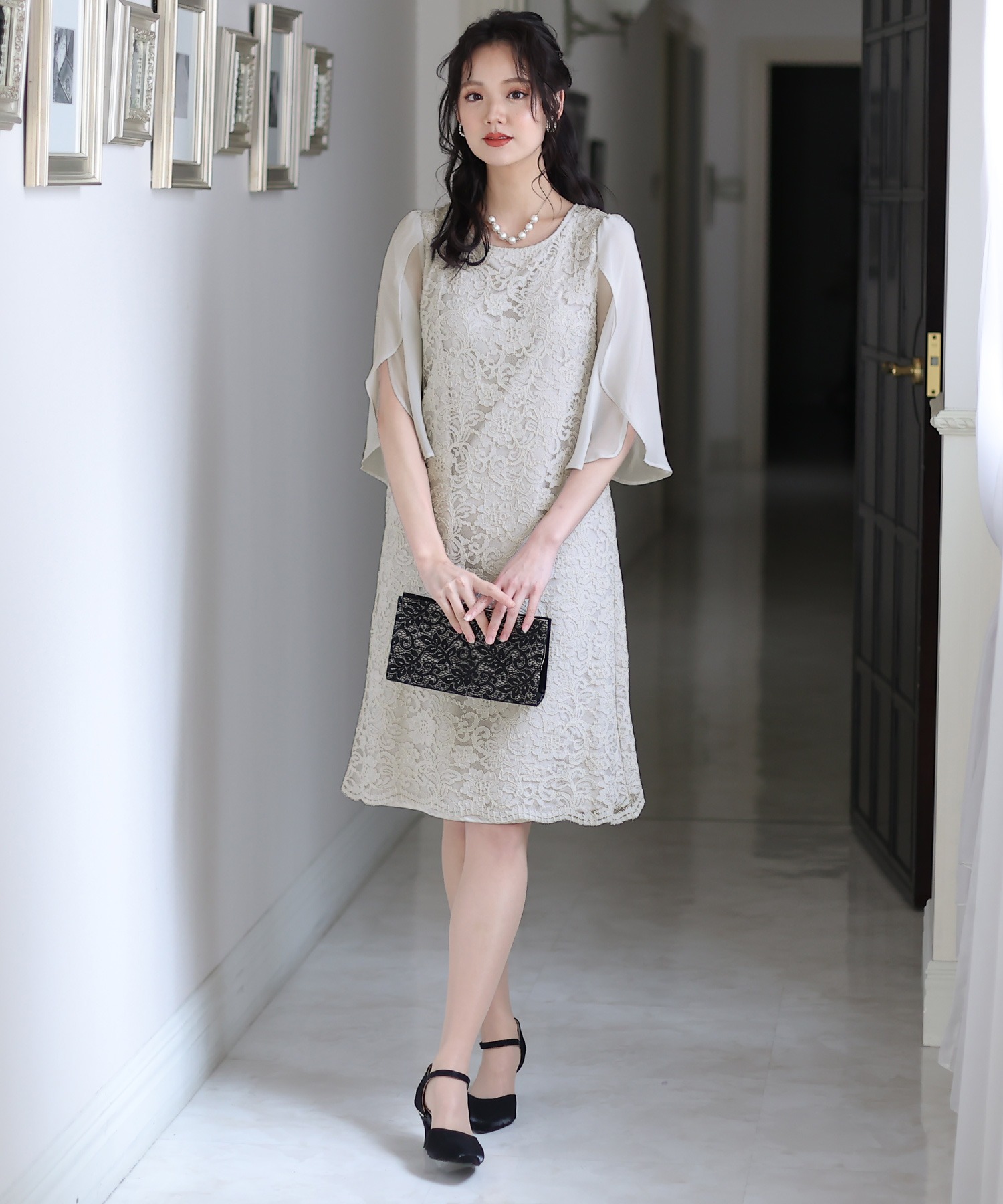 スリーブレースワンピースドレス大きいサイズミニ丈&七分袖結婚式フォーマルオケージョンドレスお呼ばれ 二次会 成人式