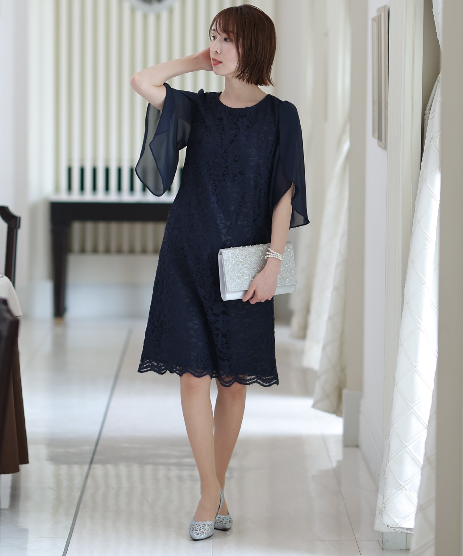 スリーブレースワンピースドレス大きいサイズミニ丈&七分袖結婚式フォーマルオケージョンドレスお呼ばれ 二次会 成人式