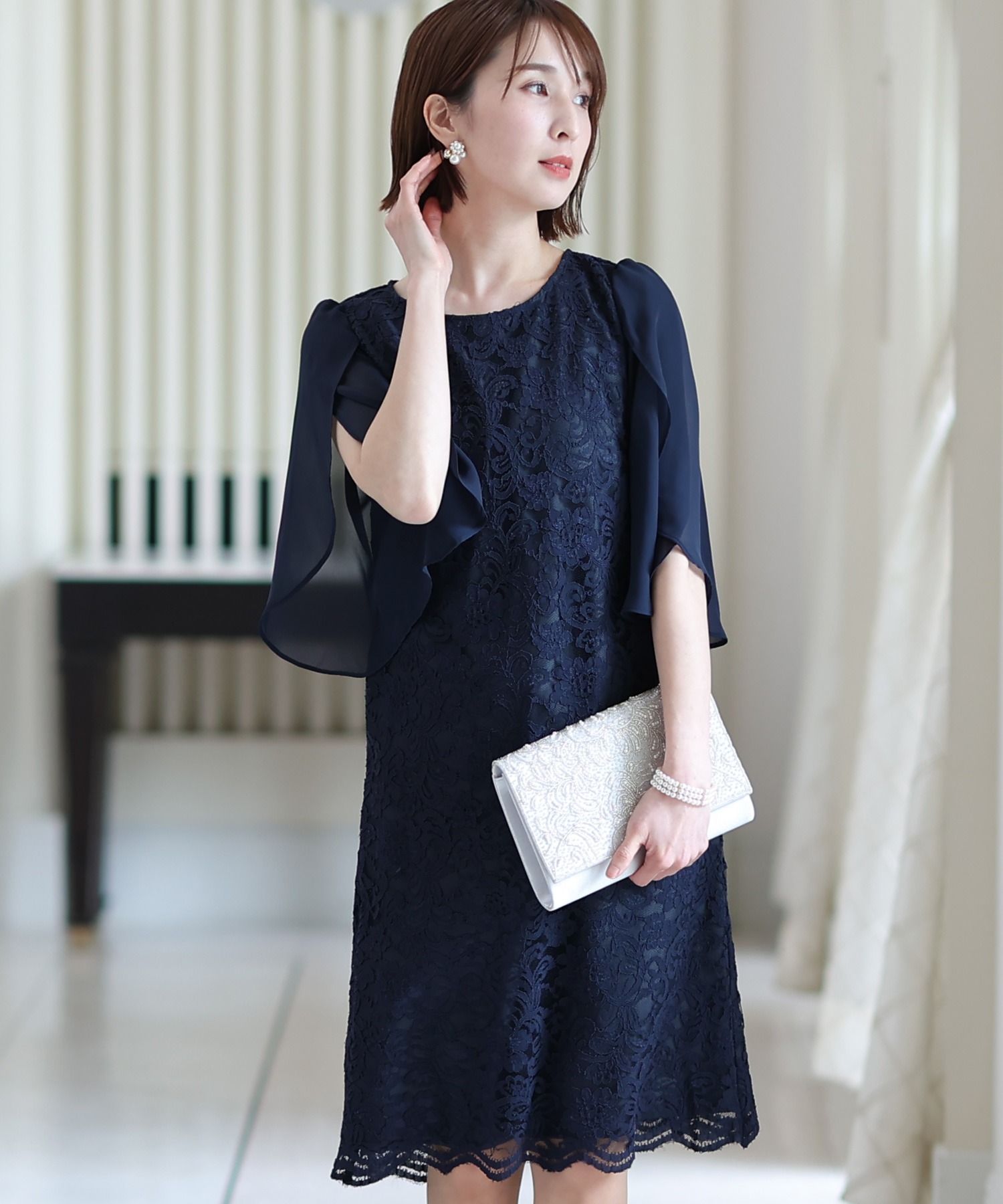 スリーブレースワンピースドレス大きいサイズミニ丈&七分袖結婚式フォーマルオケージョンドレスお呼ばれ 二次会 成人式