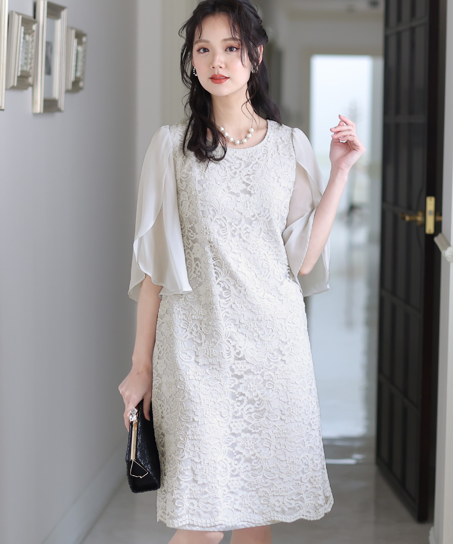 スリーブレースワンピースドレス大きいサイズミニ丈&七分袖結婚式フォーマルオケージョンドレスお呼ばれ 二次会 成人式