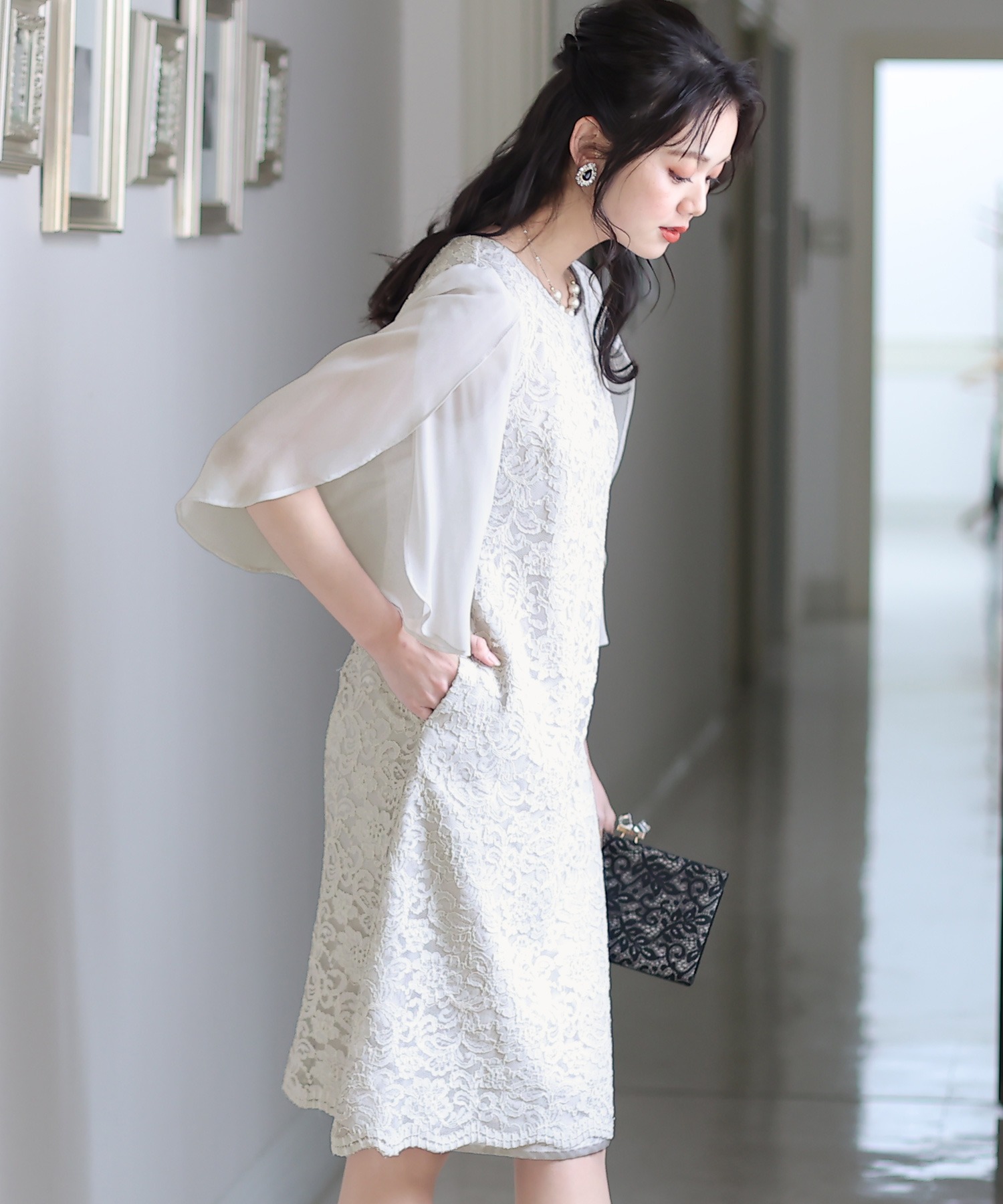 スリーブレースワンピースドレス大きいサイズミニ丈&七分袖結婚式フォーマルオケージョンドレスお呼ばれ 二次会 成人式