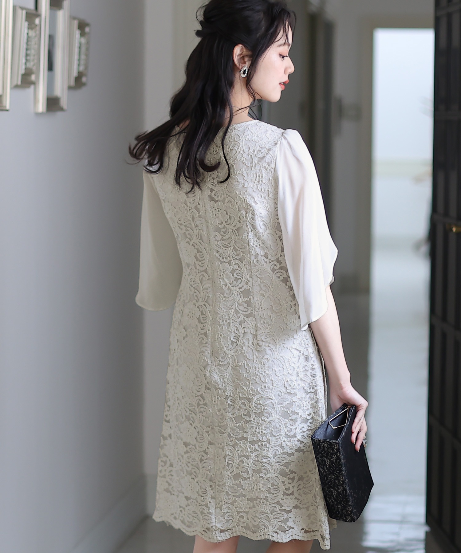 スリーブレースワンピースドレス大きいサイズミニ丈&七分袖結婚式フォーマルオケージョンドレスお呼ばれ 二次会 成人式