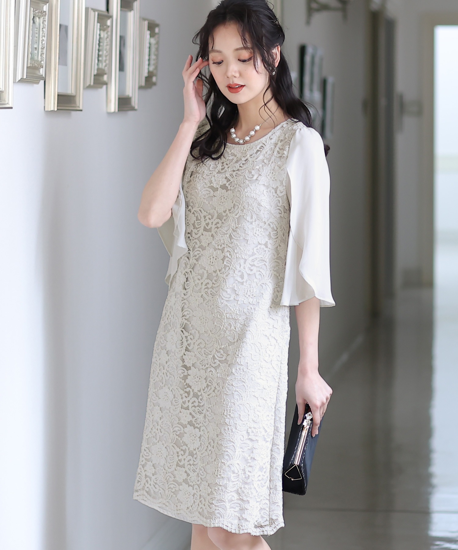 スリーブレースワンピースドレス大きいサイズミニ丈&七分袖結婚式フォーマルオケージョンドレスお呼ばれ 二次会 成人式