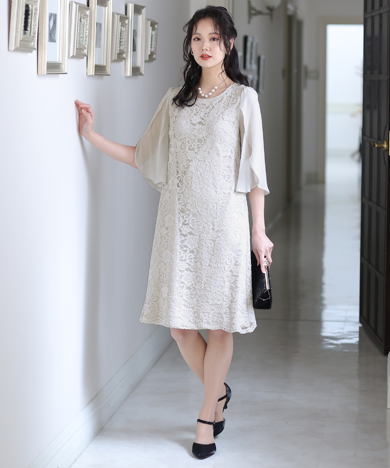 スリーブレースワンピースドレス大きいサイズミニ丈&七分袖結婚式フォーマルオケージョンドレスお呼ばれ 二次会 成人式