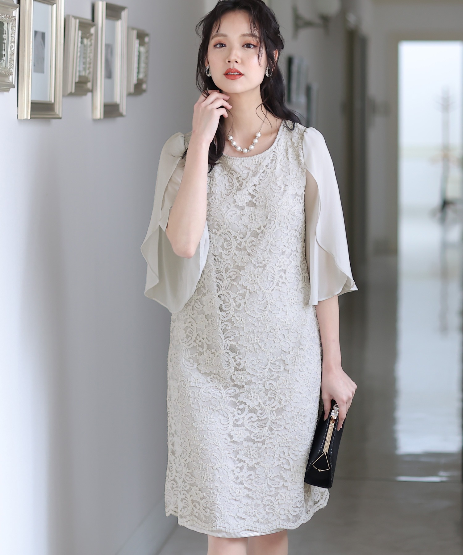 スリーブレースワンピースドレス大きいサイズミニ丈&七分袖結婚式フォーマルオケージョンドレスお呼ばれ 二次会 成人式