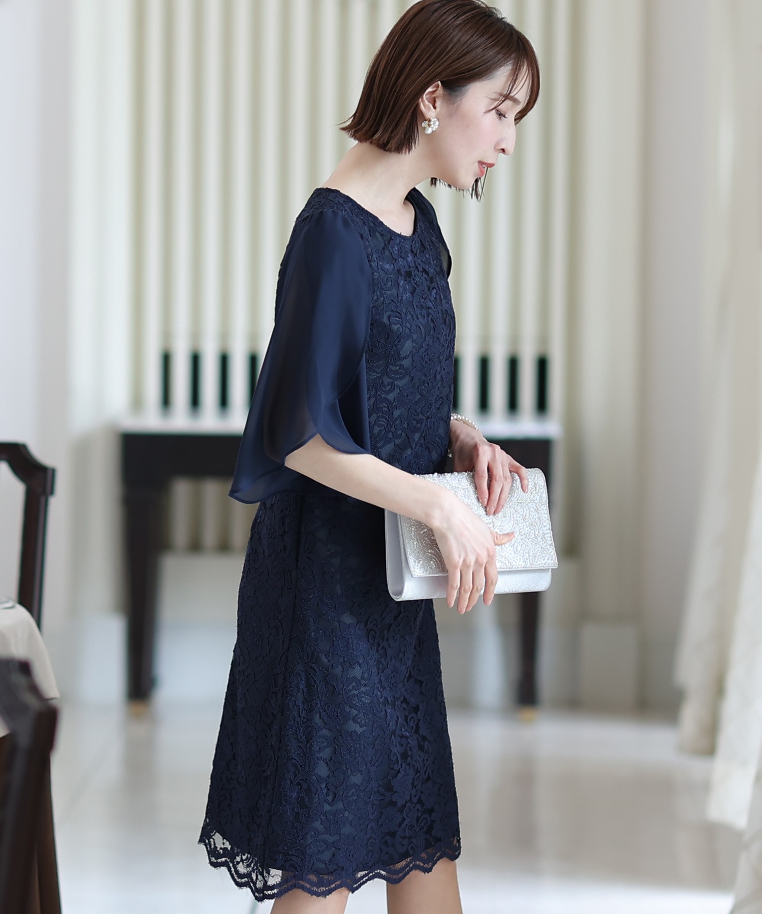 スリーブレースワンピースドレス大きいサイズミニ丈&七分袖結婚式フォーマルオケージョンドレスお呼ばれ 二次会 成人式