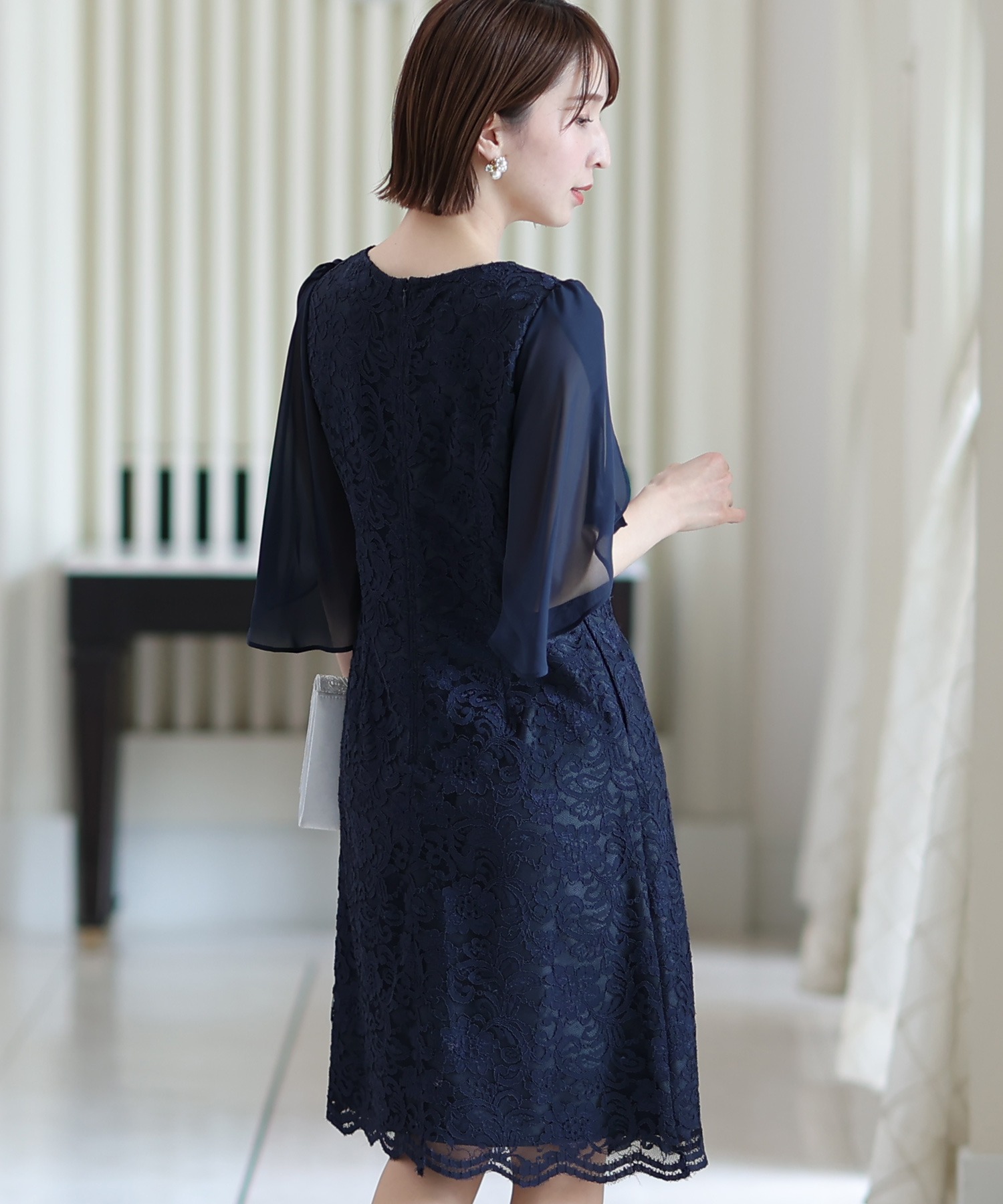 スリーブレースワンピースドレス大きいサイズミニ丈&七分袖結婚式フォーマルオケージョンドレスお呼ばれ 二次会 成人式