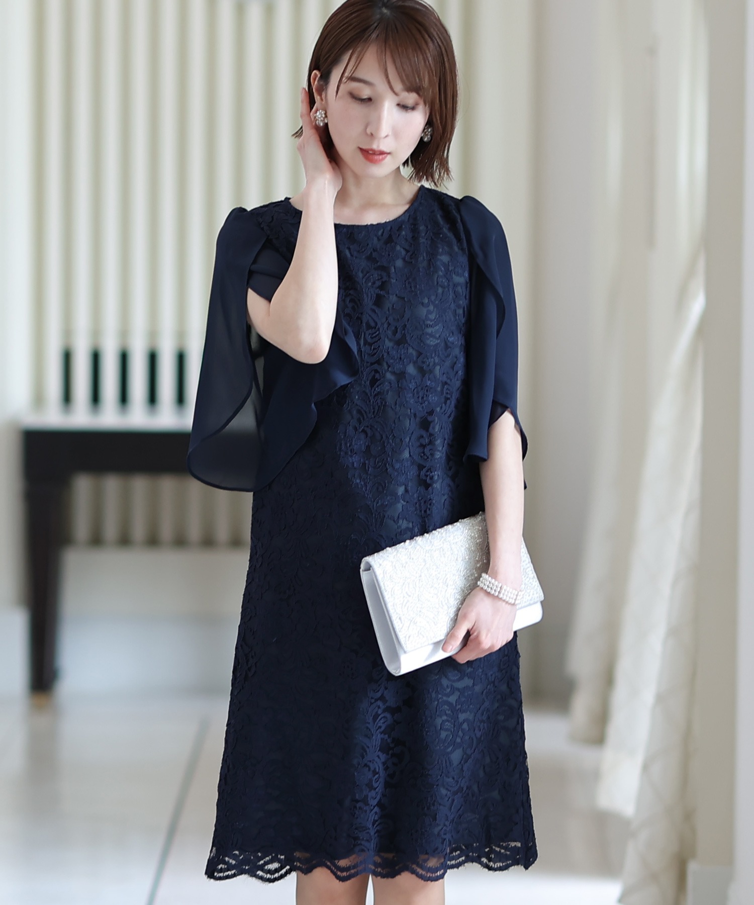 スリーブレースワンピースドレス大きいサイズミニ丈&七分袖結婚式フォーマルオケージョンドレスお呼ばれ 二次会 成人式