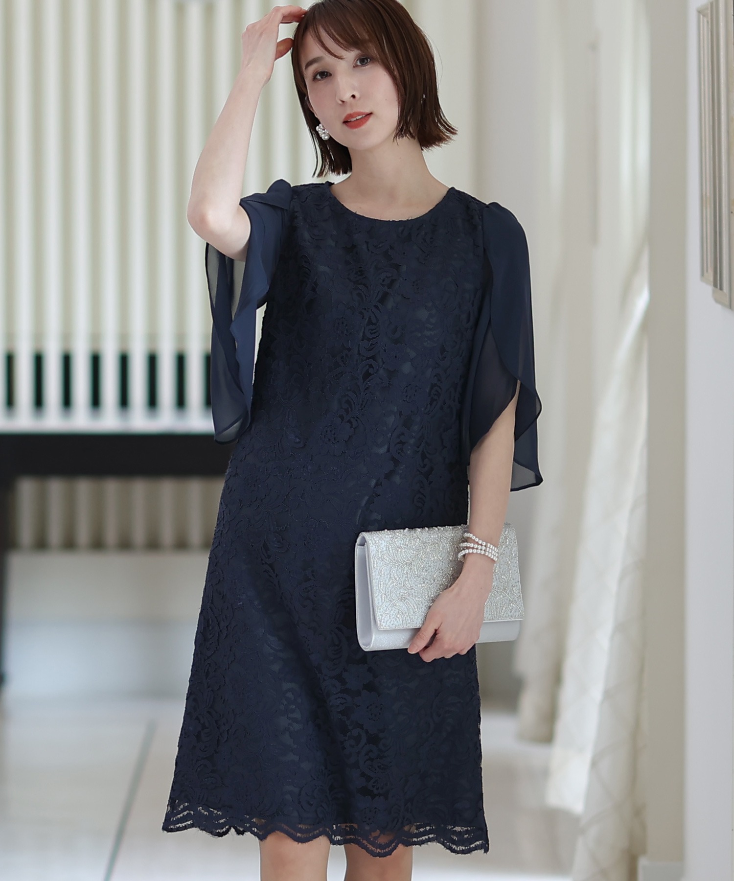 スリーブレースワンピースドレス大きいサイズミニ丈&七分袖結婚式フォーマルオケージョンドレスお呼ばれ 二次会 成人式