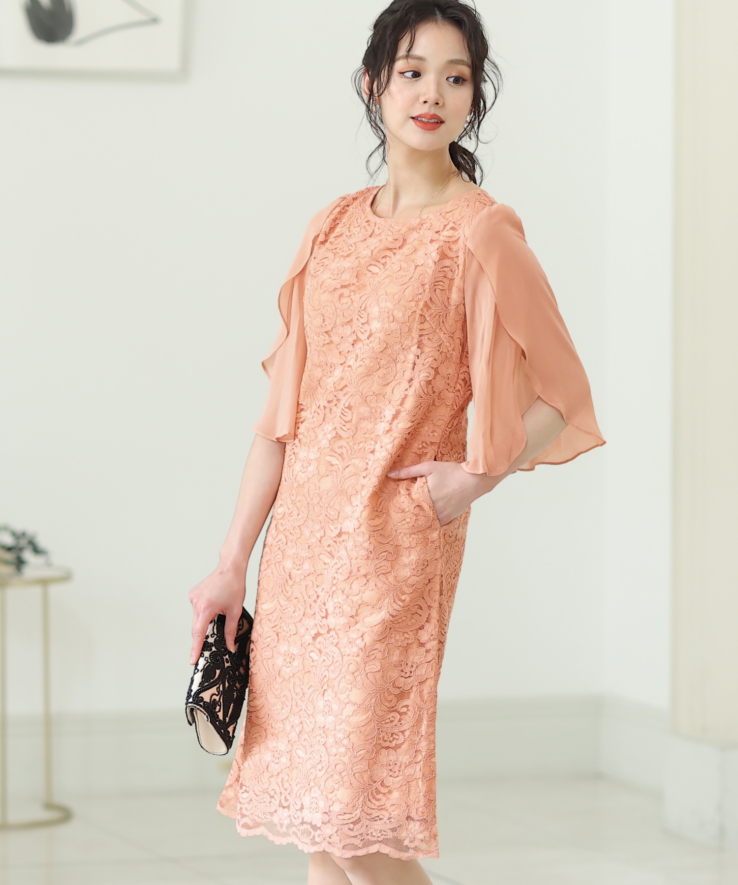 スリーブレースワンピースドレス大きいサイズミニ丈&七分袖結婚式フォーマルオケージョンドレスお呼ばれ 二次会 成人式