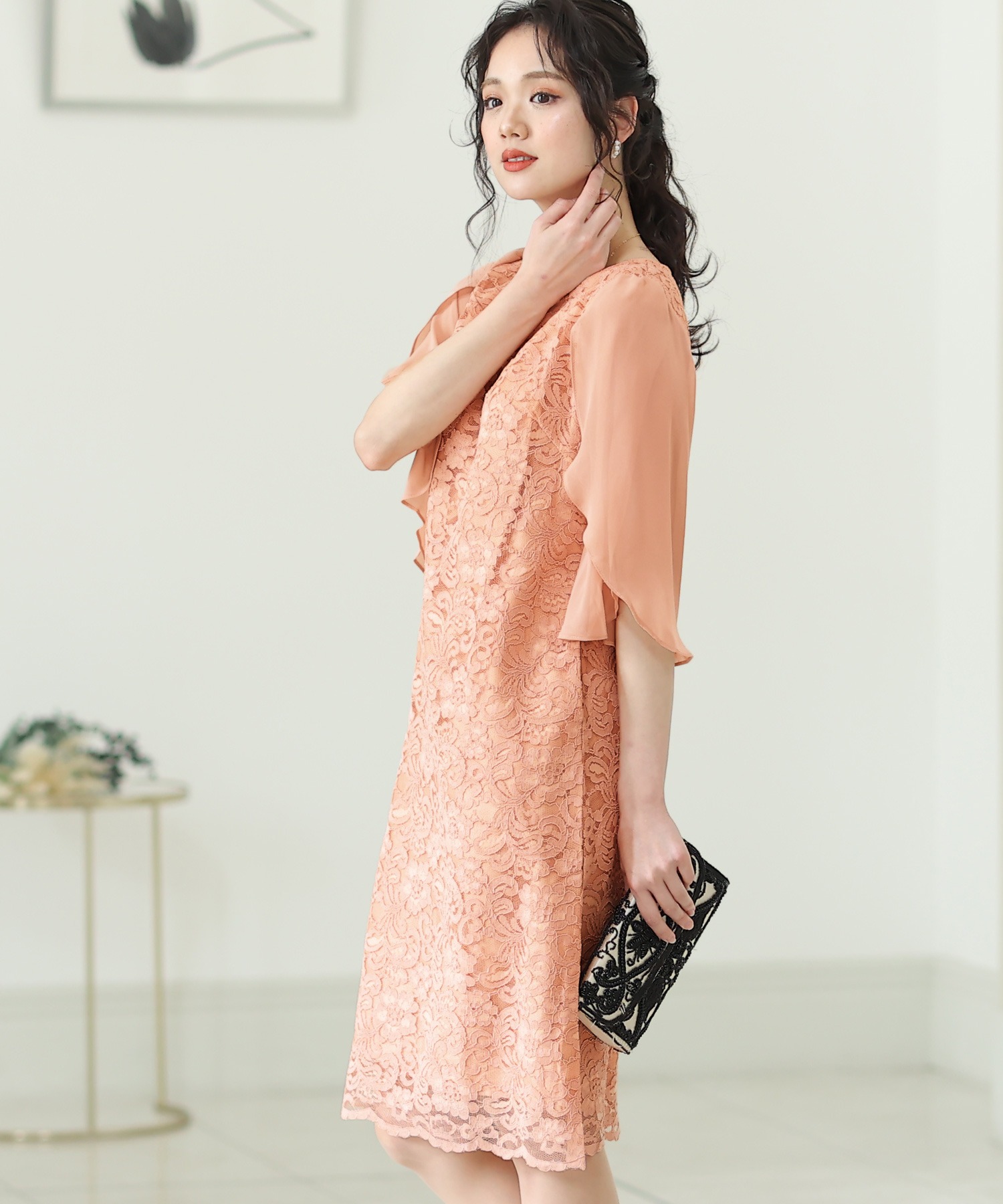 スリーブレースワンピースドレス大きいサイズミニ丈&七分袖結婚式フォーマルオケージョンドレスお呼ばれ 二次会 成人式