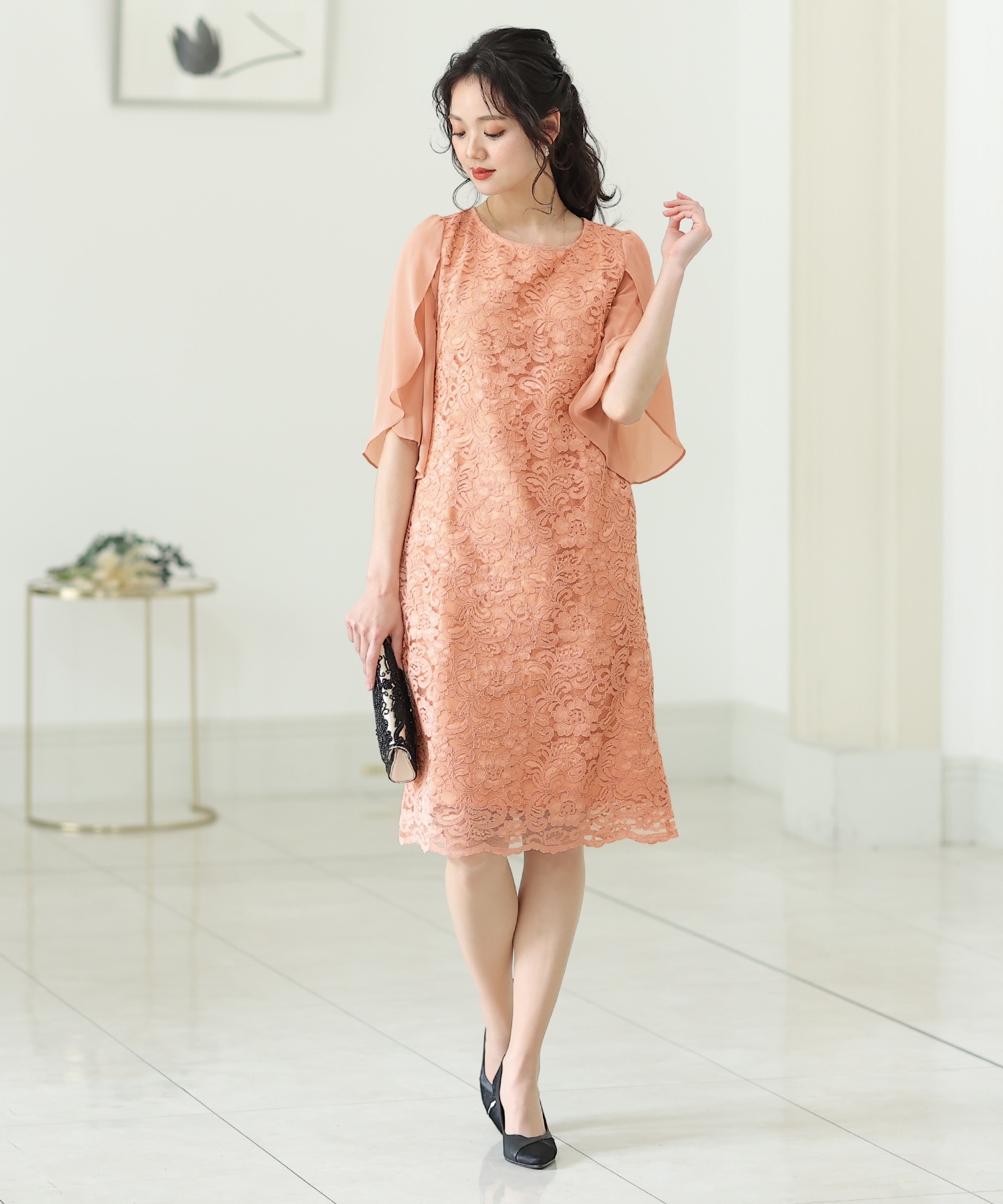 スリーブレースワンピースドレス大きいサイズミニ丈&七分袖結婚式フォーマルオケージョンドレスお呼ばれ 二次会 成人式