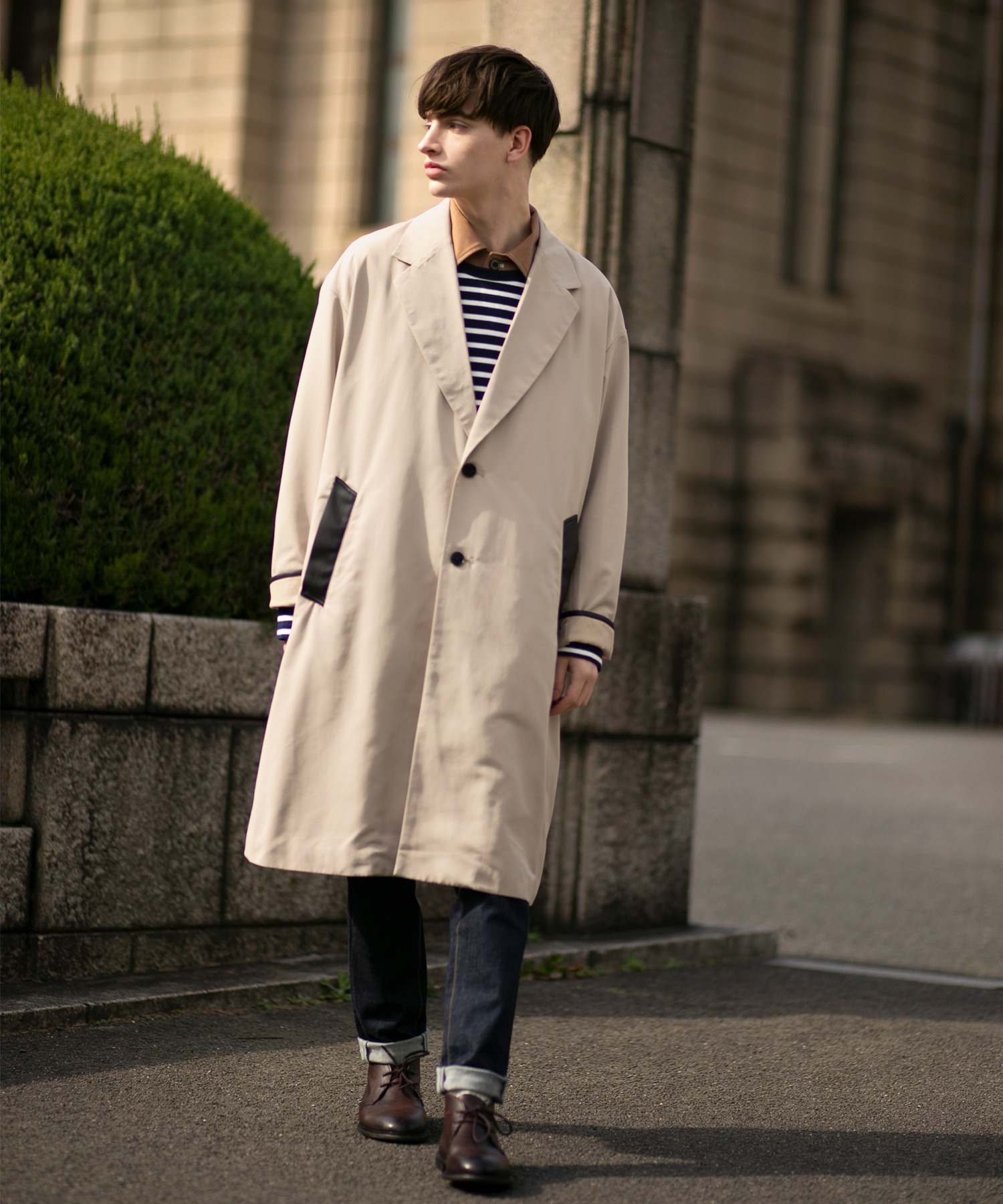 オーバーサイズ チェスターコート ソフトレザー切替 ファッションインフルエンサーとっしー Emma Clothes Emma Clothes Emma Clothes エマクローズ 公式オンラインストア