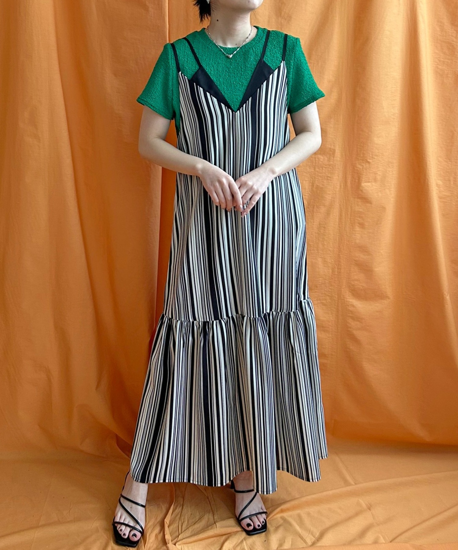 ストライプ葉柄七分袖ワンピース ストライプ柄 七分袖 ロングワンピース（ワンピース）｜MARAI