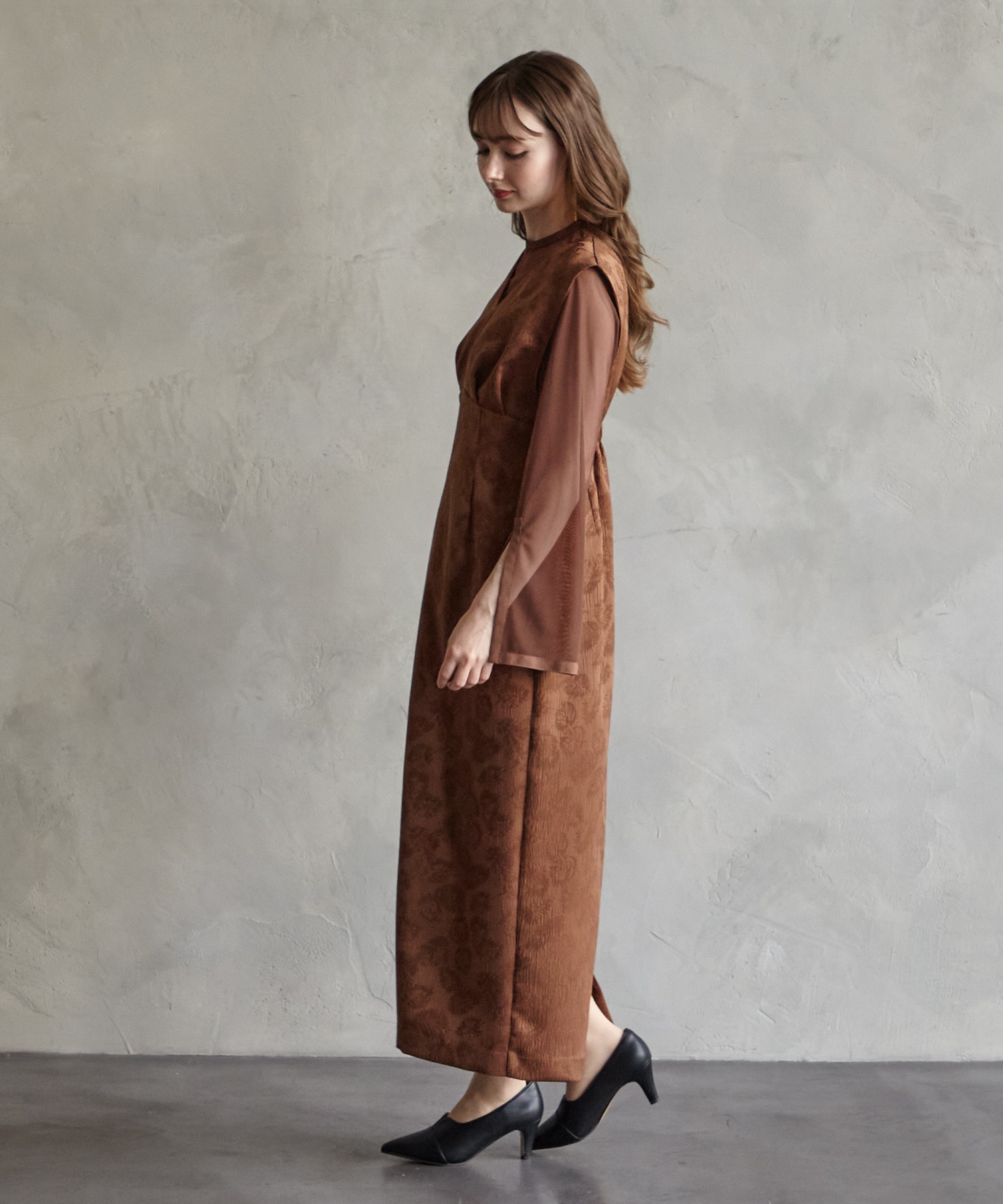 チュールブラウス付Vネックジャカードタイトパーティードレス 結婚式