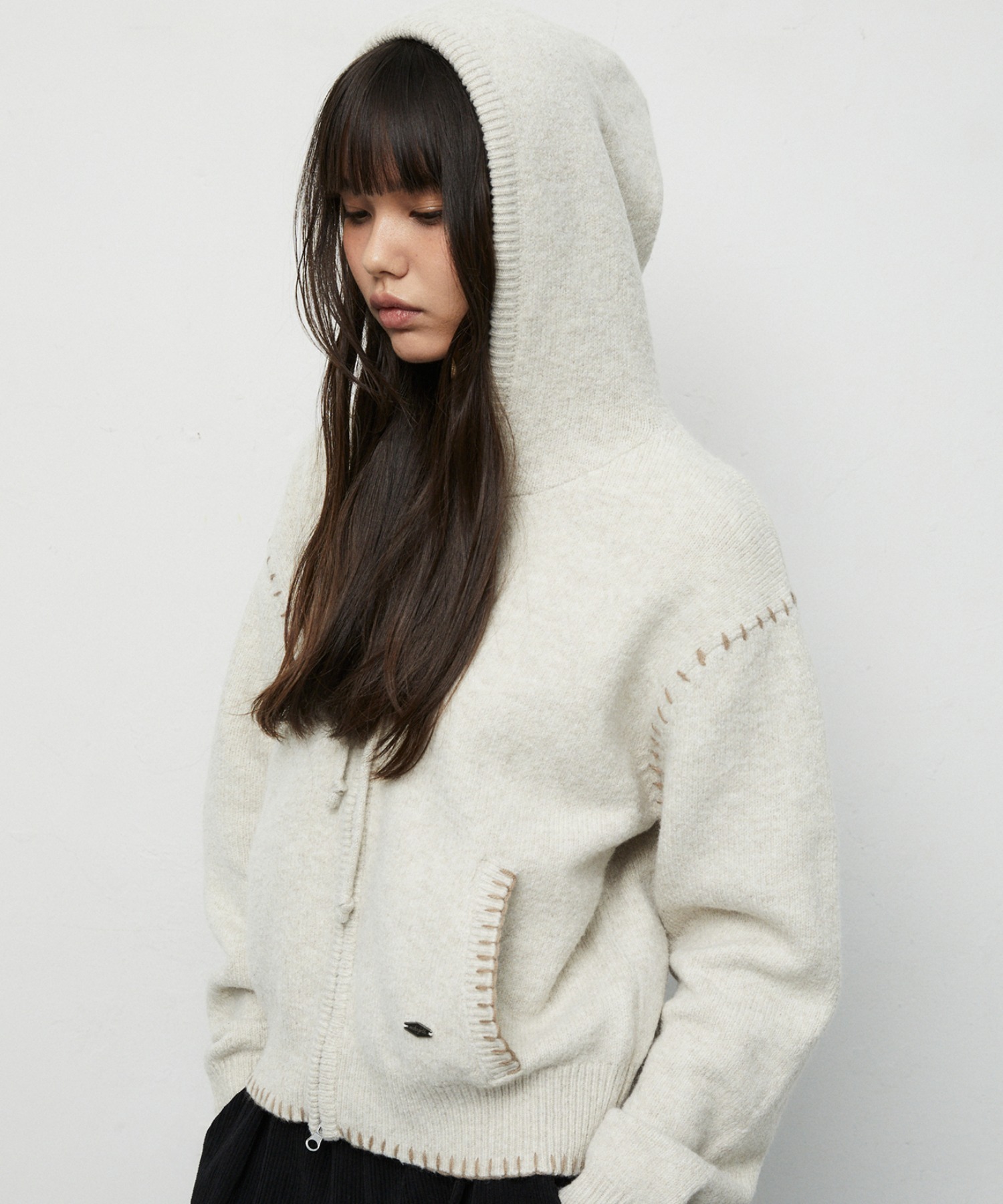 mahagrid/マハグリット』STITCH CROP HOODED ZIP UP KNIT/フード付き