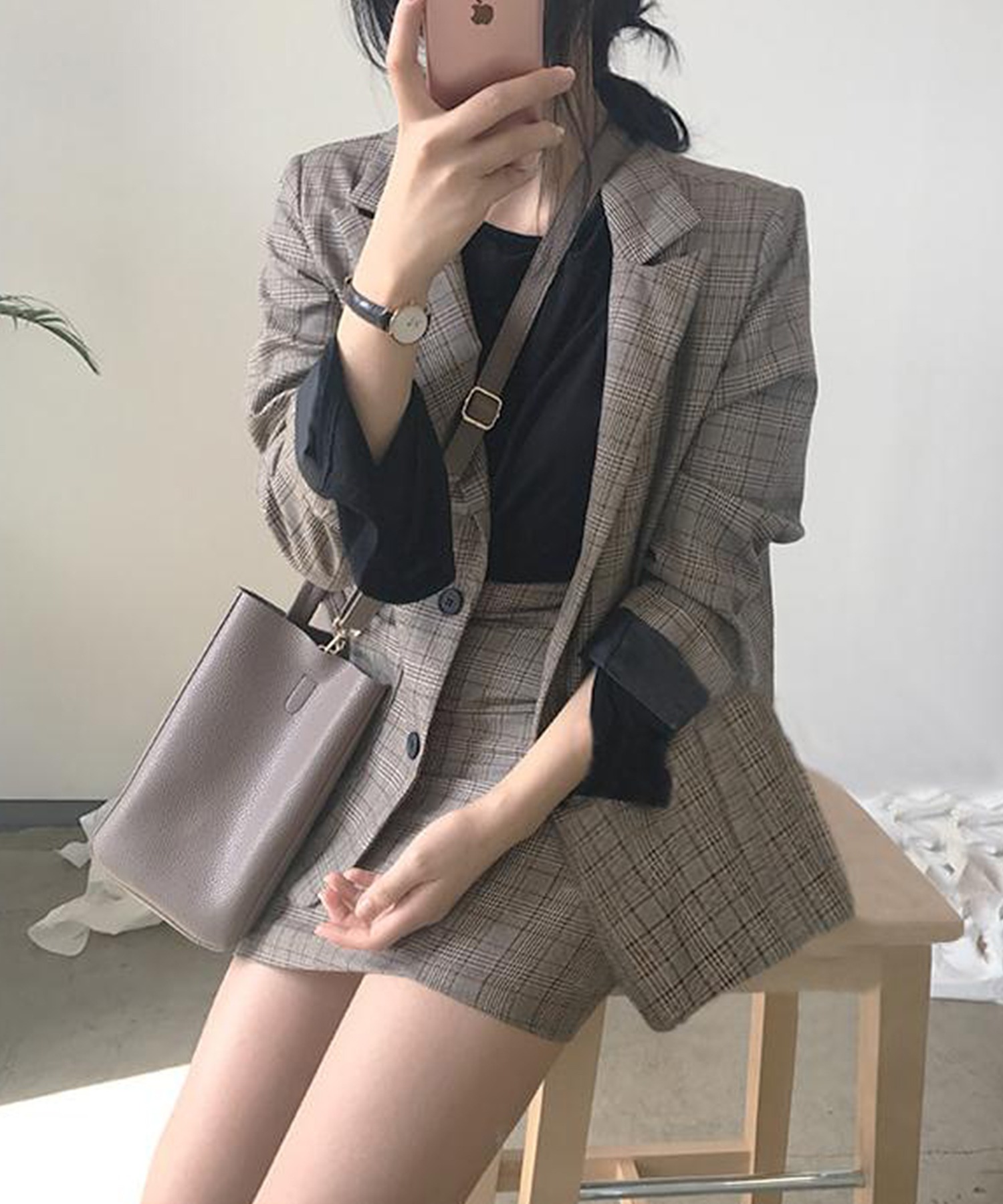 韓国風チェック柄 セットアップ ジャケット ハイウエストスカート ツーピース ミニ フォーマル 韓国 中国 コリアン チャイナ Ta Device デバイス