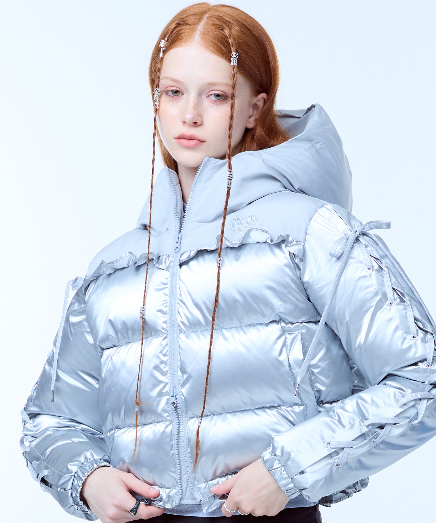 AM RIBBON FRILL PUFFER JACKET