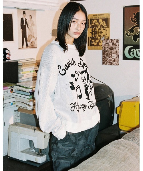 サ*ー様 【完売品】GRAPE 25AW アシンメトリーロングイヤーニットキャッ 7G Shaggy Jacquard Diamond Pattern Argyle Prime-Over Crew Neck Knit Pu