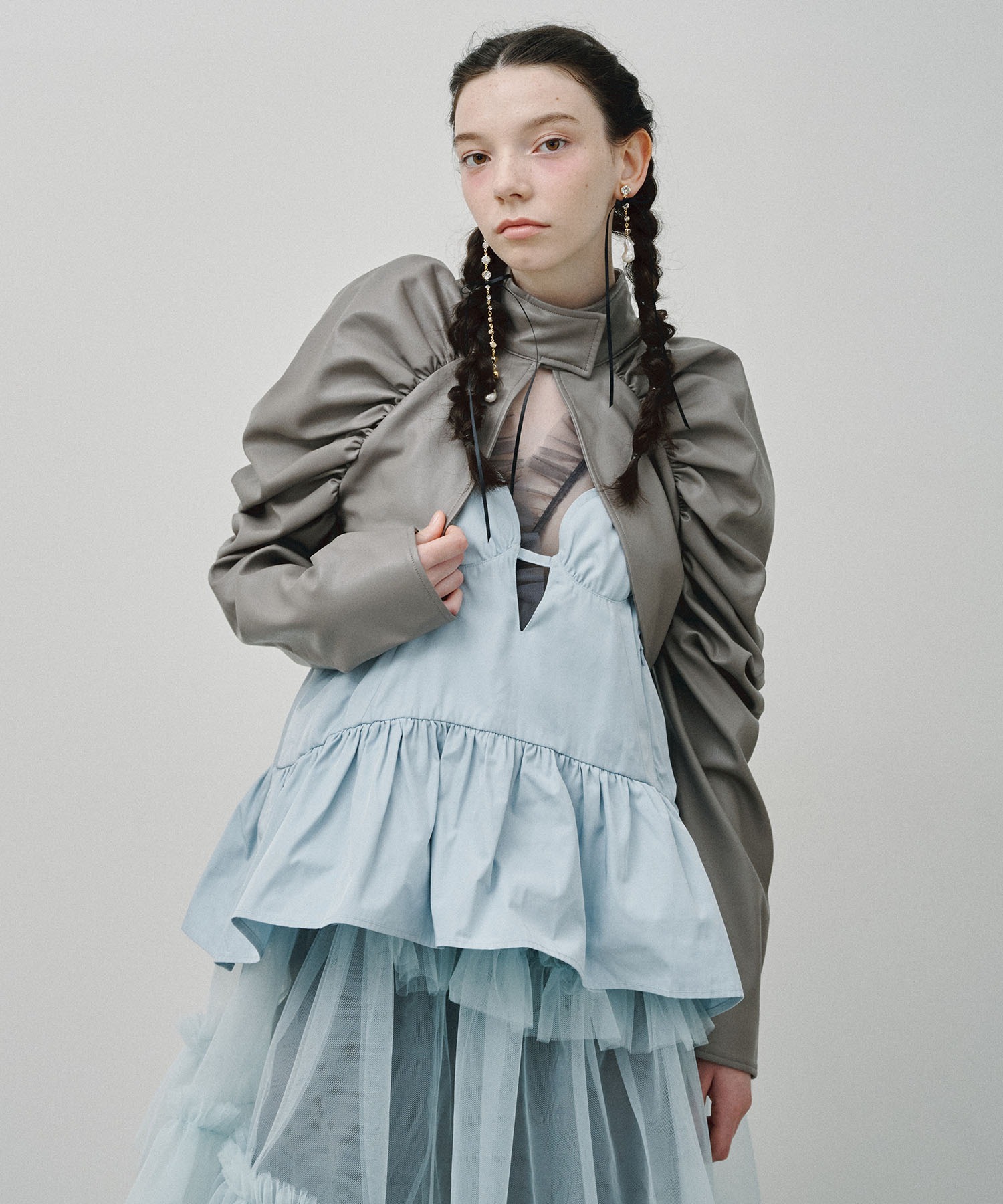 ボリュームギャザーフェイクレザーボレロ