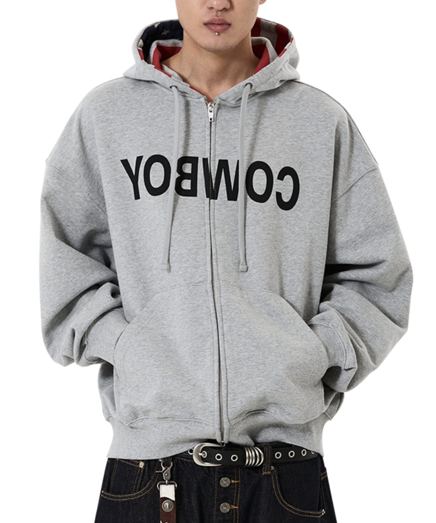 OY ロゴ ジップパーカー グレー 韓国ストリート フーディー OY/オーワイ』REVERSE COWBOY HOODIE ZIP UP/リバースカウボーイジップ