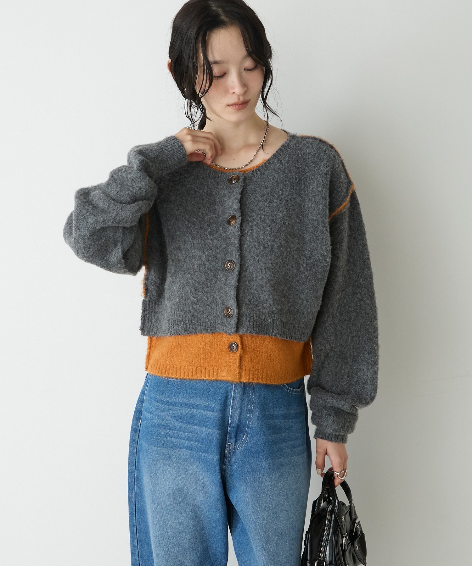 forksy.】ミックス起毛レイヤード配色ショートニットカーディガン