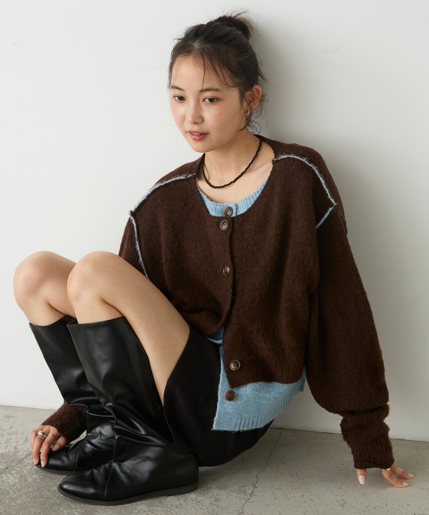 forksy.】ミックス起毛レイヤード配色ショートニットカーディガン