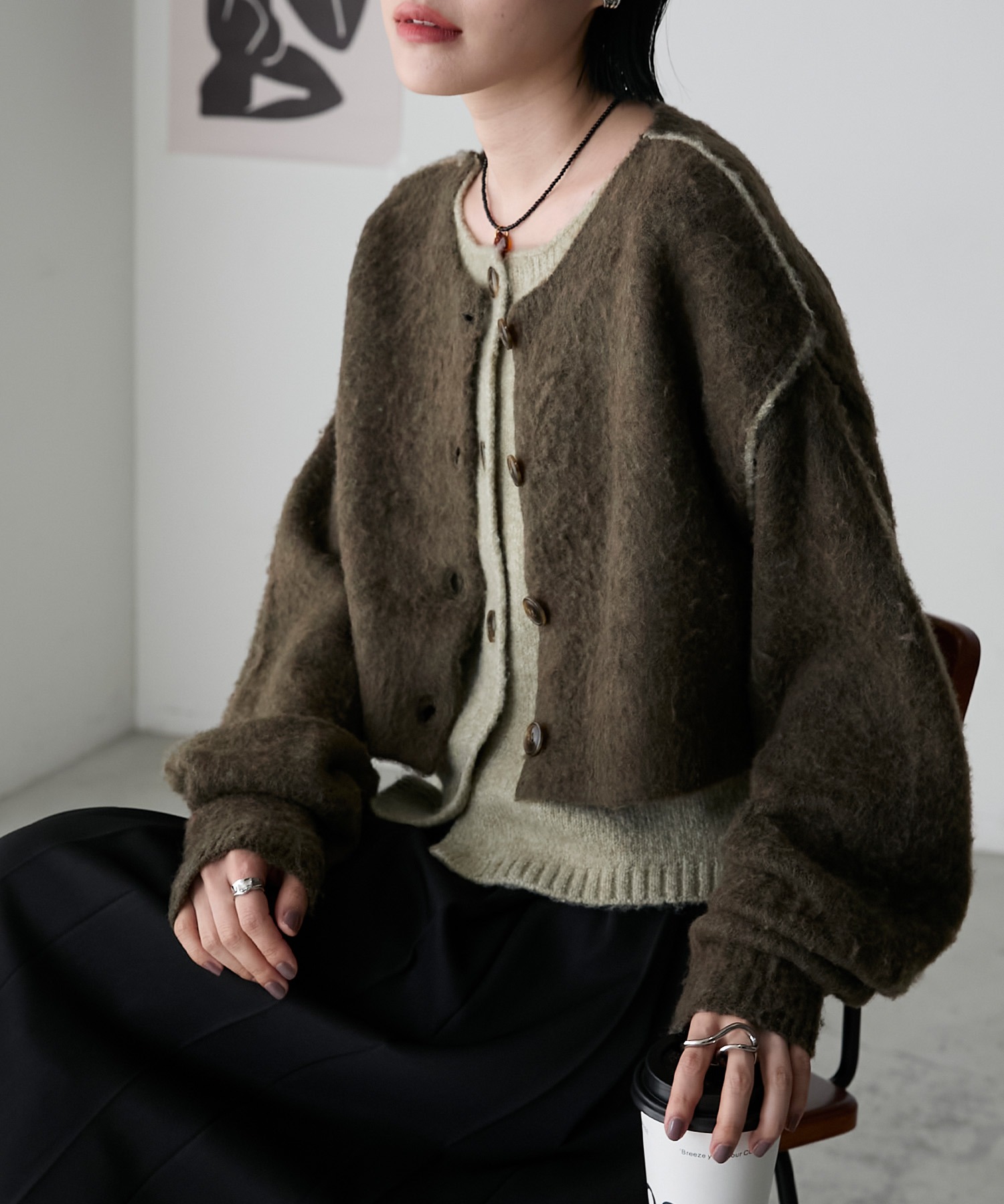 forksy.】ミックス起毛レイヤード配色ショートニットカーディガン