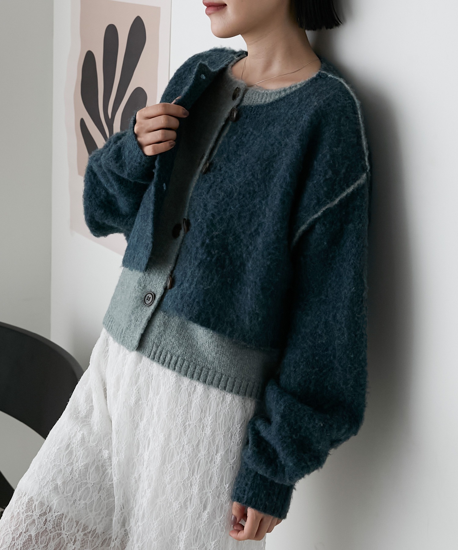 forksy.】ミックス起毛レイヤード配色ショートニットカーディガン