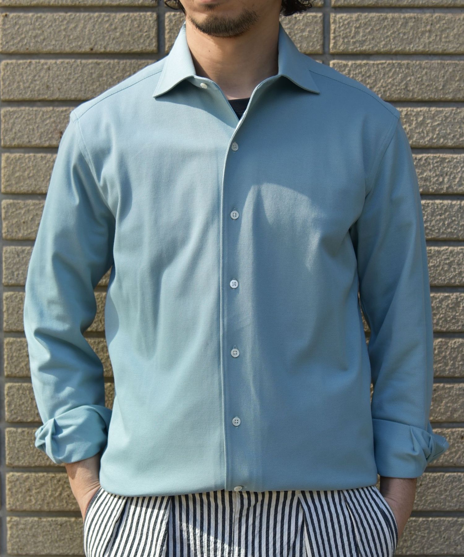 SHIPSSHIPS:ALBINI ジャージー ソリッド イタリアン シャツ 無料 ワイドカラー 人気絶頂