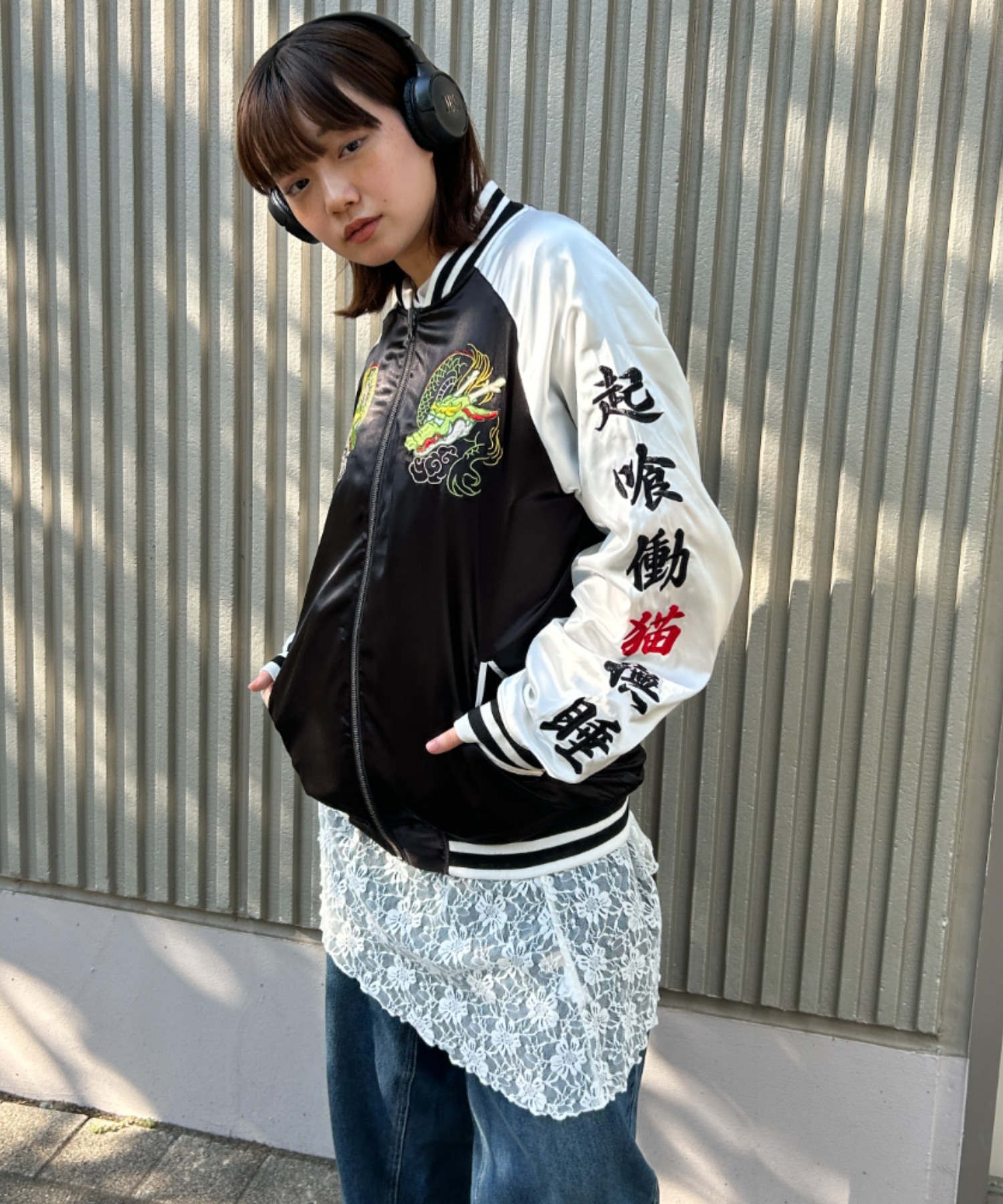 ★希少【新品・Lサイズ】A&G エーアンドジー スカジャン A＆G エーアンドジースカジャンSATIN -MAP×獅子-[Silver×Black