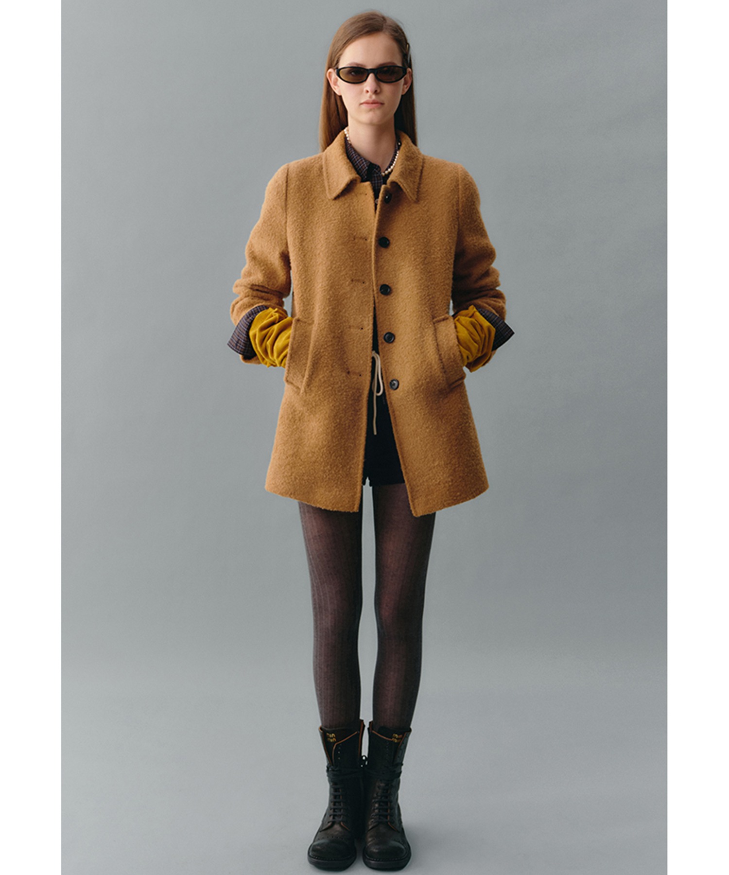 新品★ウールブレンドノーカラーミドルコート【オリーブ S】 ウールブレンド ノーカラーミドルコート