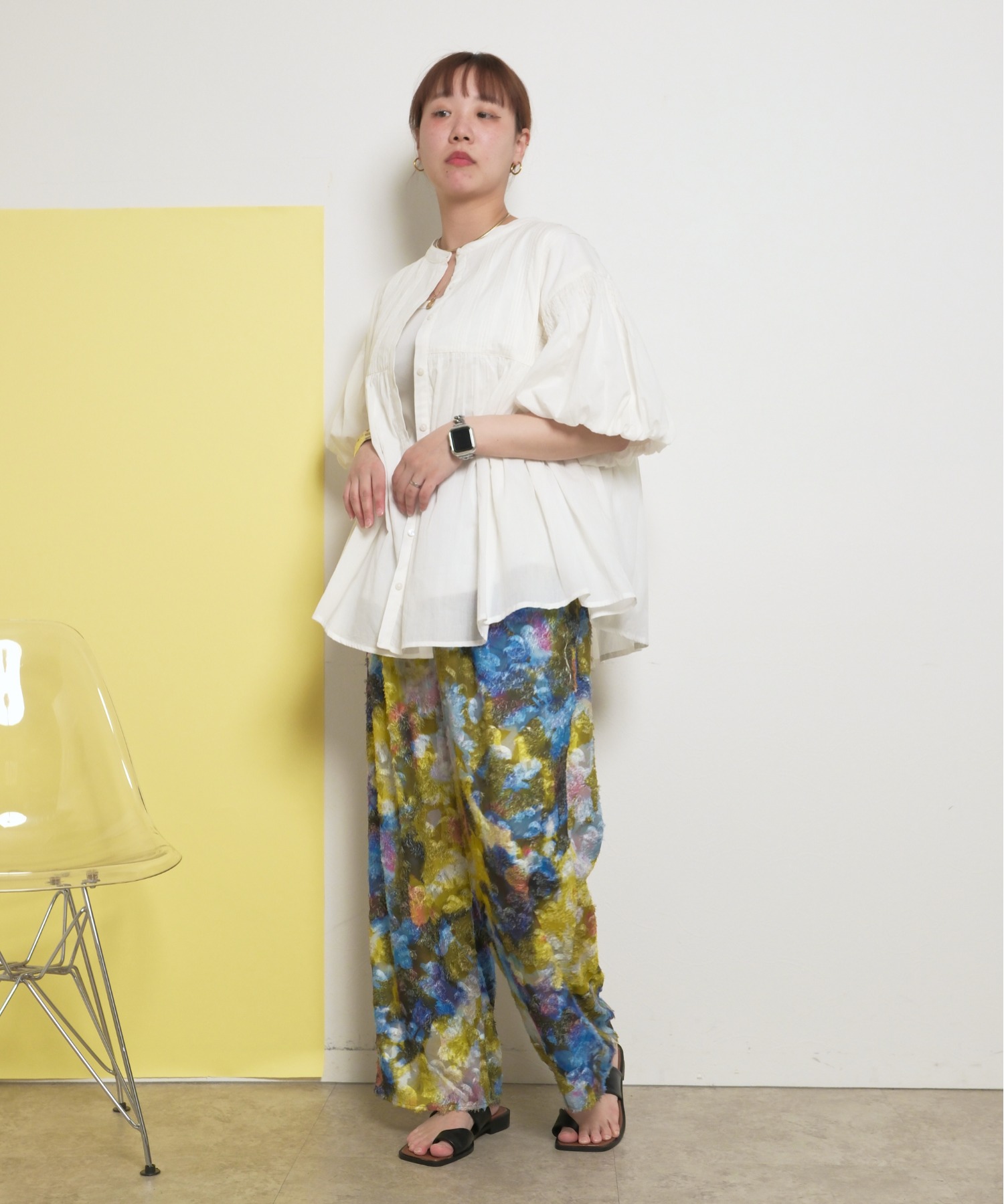 カットジャガード柄パンツ オリジナル水彩 総柄 ワイドストレート