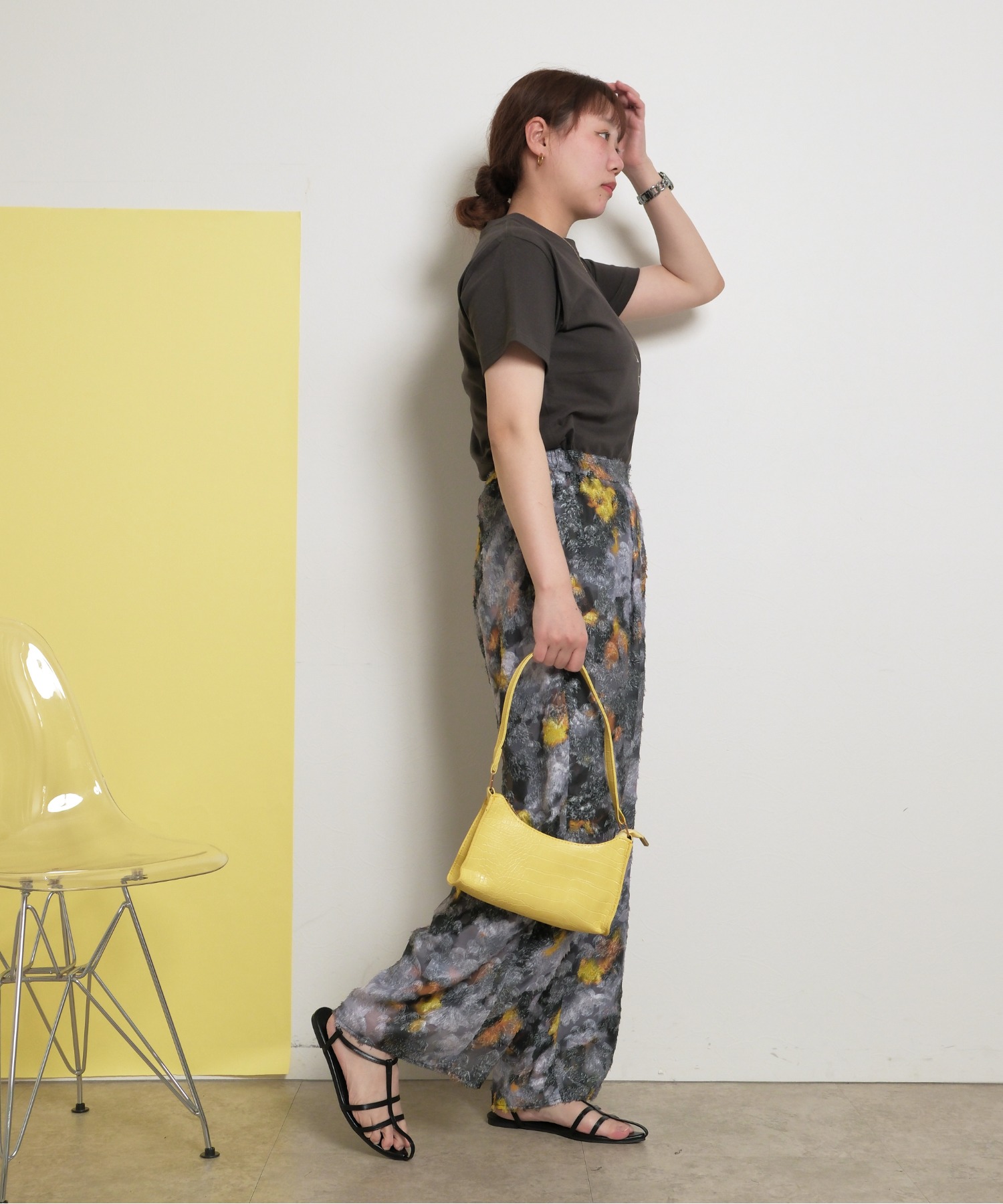 カットジャガード柄パンツ オリジナル水彩 総柄 ワイドストレート