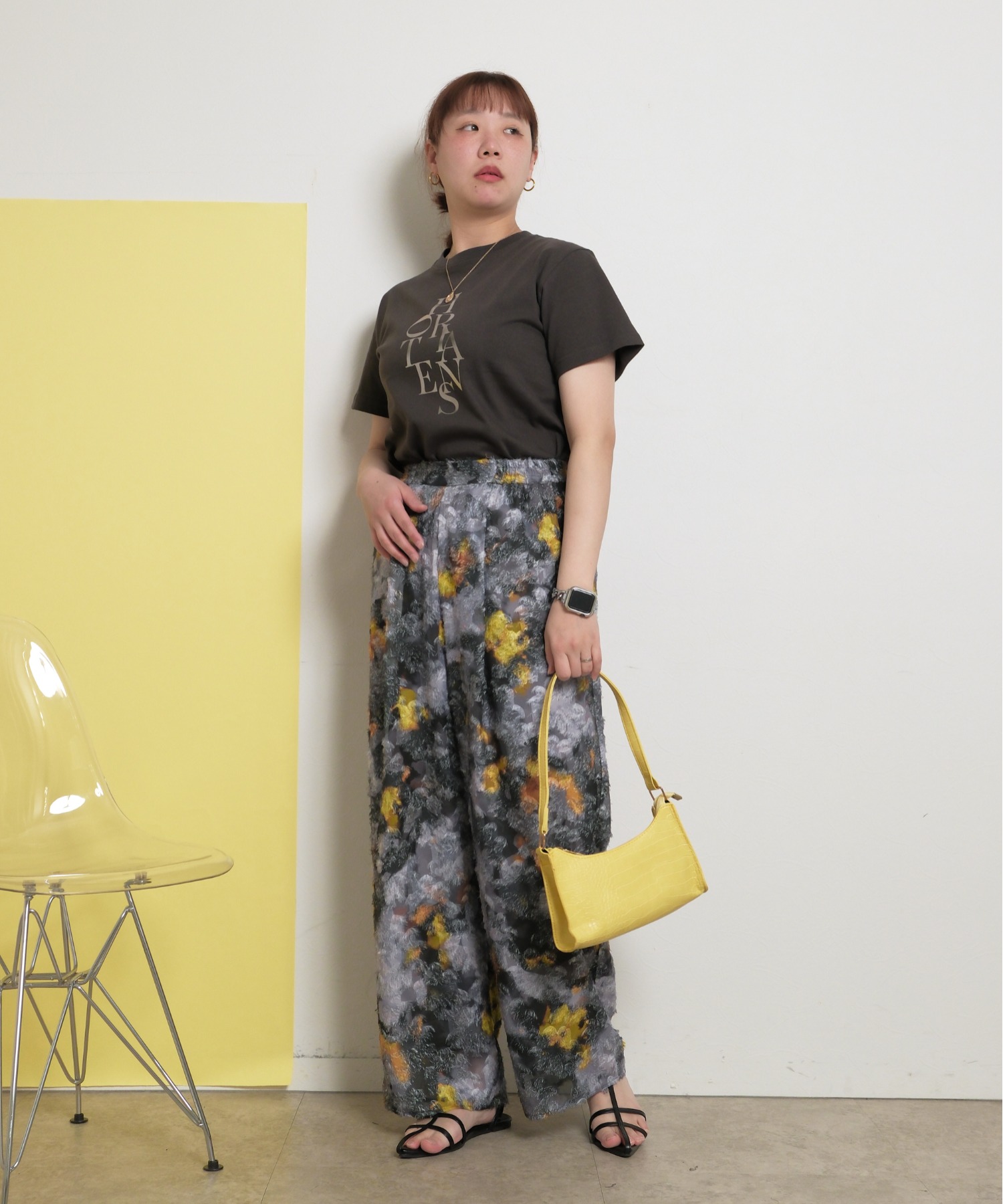 カットジャガード柄パンツ オリジナル水彩 総柄 ワイドストレート