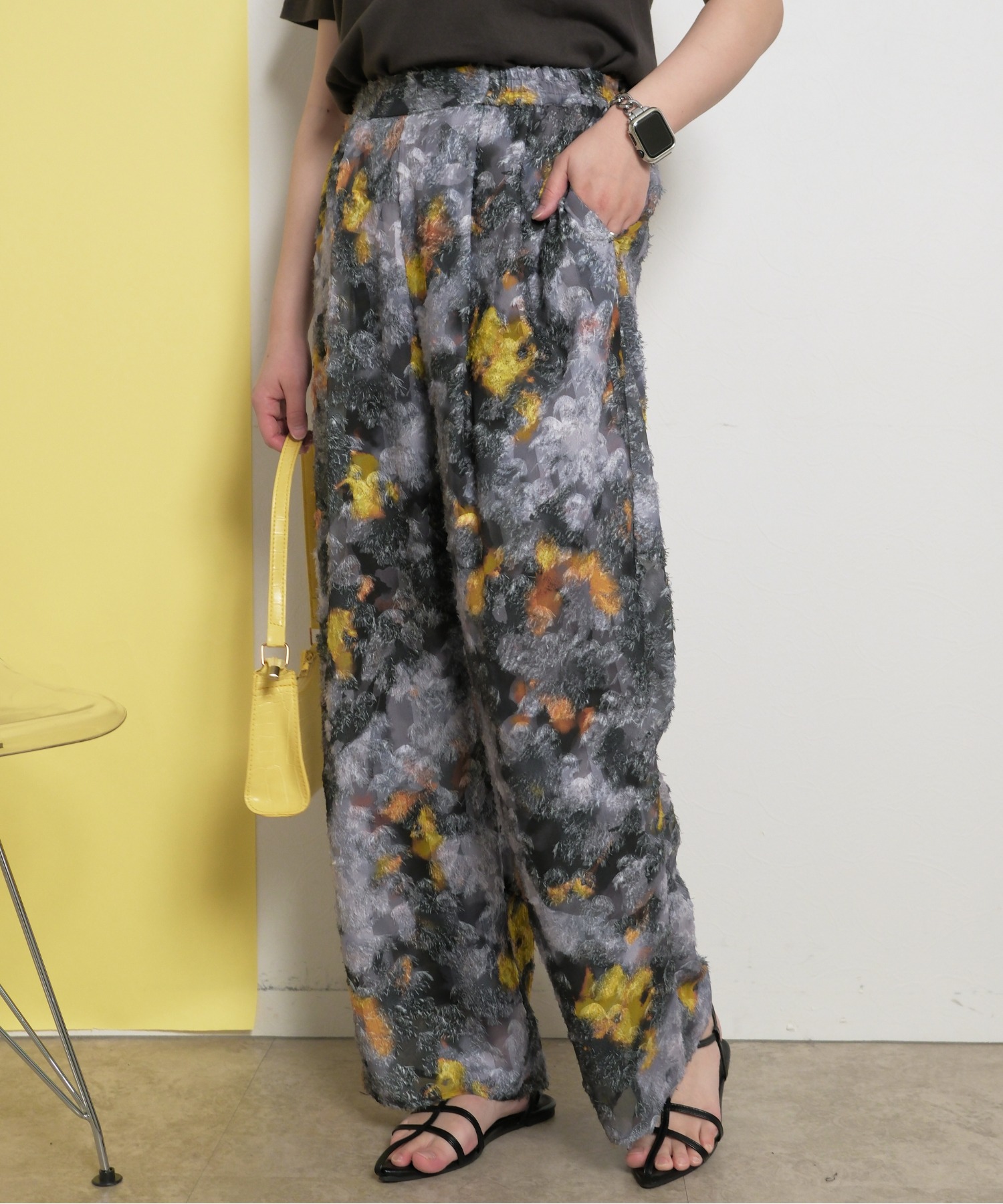 カットジャガード柄パンツ オリジナル水彩 総柄 ワイドストレート