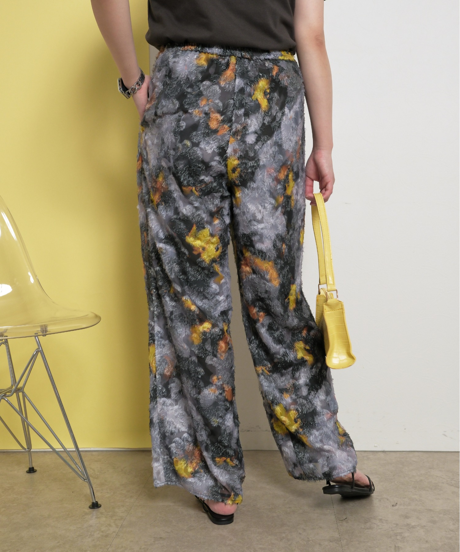 カットジャガード柄パンツ オリジナル水彩 総柄 ワイドストレート