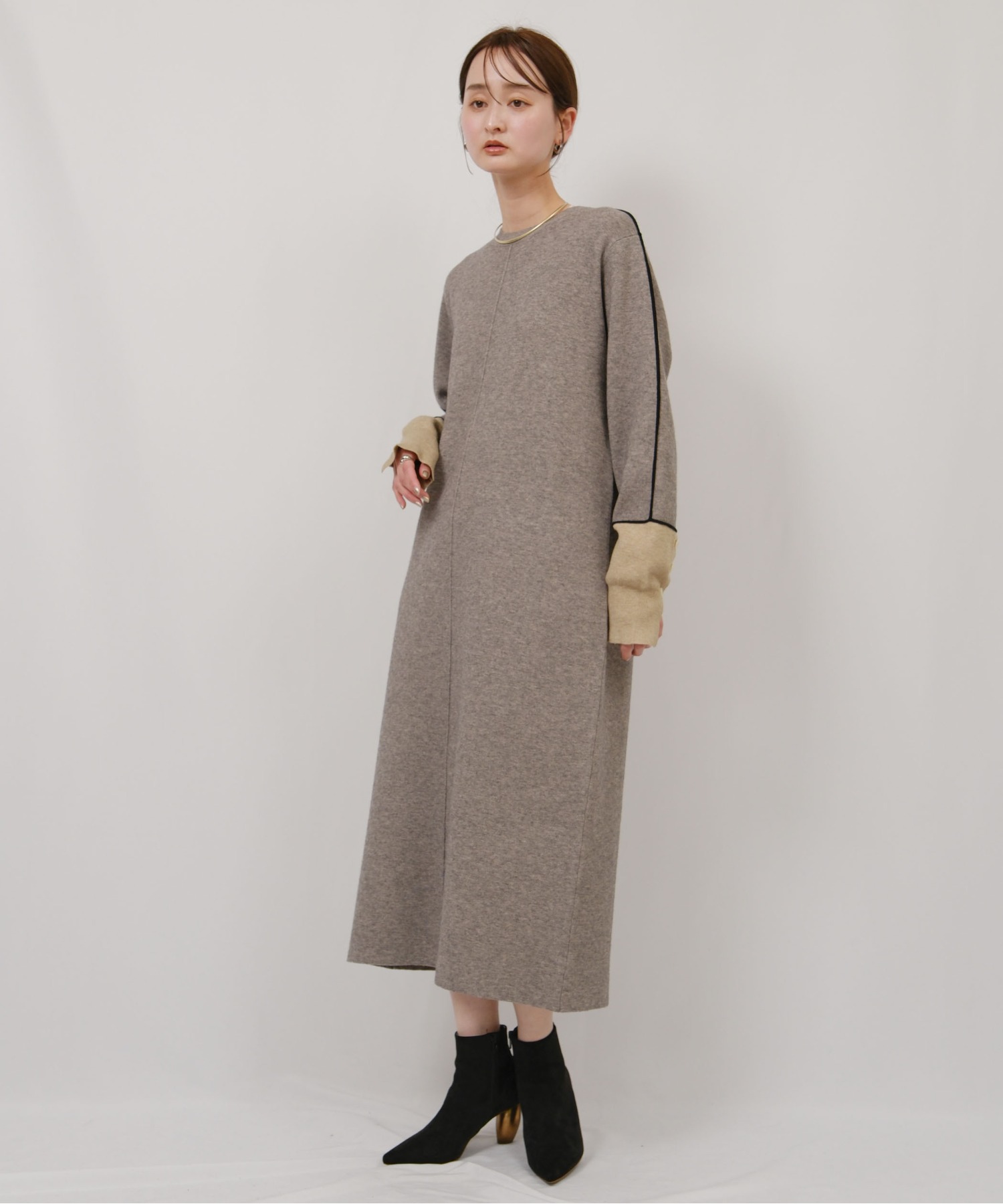 Kitamura カシミヤ100% 襟付きニットワンピース 牛革ボタン Aライン