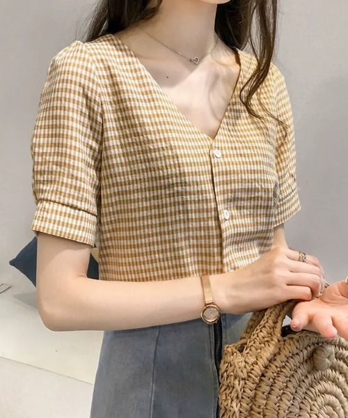 Гингам‑чек V‑neck панельная рубашка‑пуловер